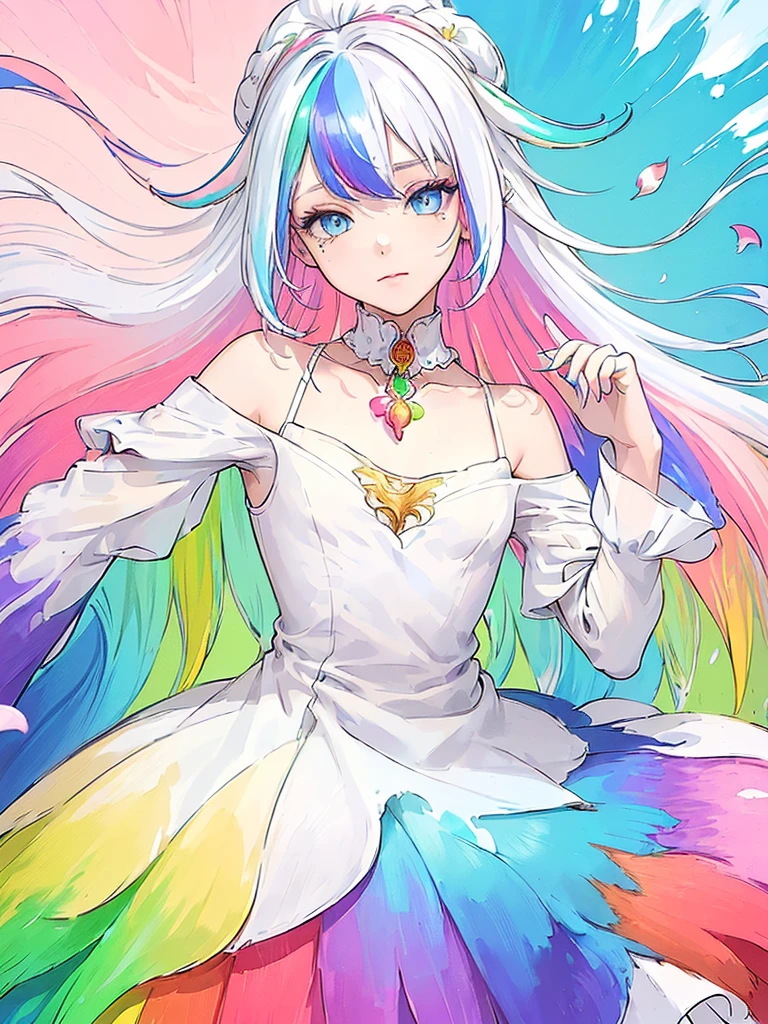 （Pink Fashion T-shirt：1.9），(Colorful hair: 1.8), (all the colours of the rainbow: 1.8),(((((vertical painting：1.6))), （painting：1.6），front, comics, illustrations, paintings, large eyes, crystal clear eyes,（ rainbow color gradient high ponytail：1.7）, exquisite makeup, closed mouth,(Small Fresh: 1.5),(Wipe Chest: 1.6) ，long eyelashes, white off shoulder T-shirt,  White Shoulder Shirt，looking at the audience, large watery eyes, (rainbow colored hair：1.6), color splash, （solo：1.8）, color splash, color explosion, thick paint style, messy lines, ((shining))，(colorful), (colorful), (colorful), colorful, Thick Paint Style, (Splash) (Color Splash), Vertical Painting, Upper Body, Paint Splash, Acrylic Pigment, Gradient, Paint, Highest Image Quality, Highest Quality, Masterpiece, Solo, Depth of Field, Face Paint,  colorful clothes, (Elegant: 1.2), gorgeous,long hair, wind, (Elegant: 1.3), (Petals: 1.4)，(((masterpiece))),(((best quality))),((ultra-detailed)),(illustration),(dynamic angle),((floating)),(paint),((disheveled hair)),(solo),(1girl) , (((detailed anima face))),((beautiful detailed face)),collar,bare shoulders,white hair, ((colorful hair)),((streaked hair)),beautiful detailed eyes,(Gradient color eyes),(((colorful eyes))),(((colorful background))),(((high saturation))),(((surrounded by colorful splashes))),