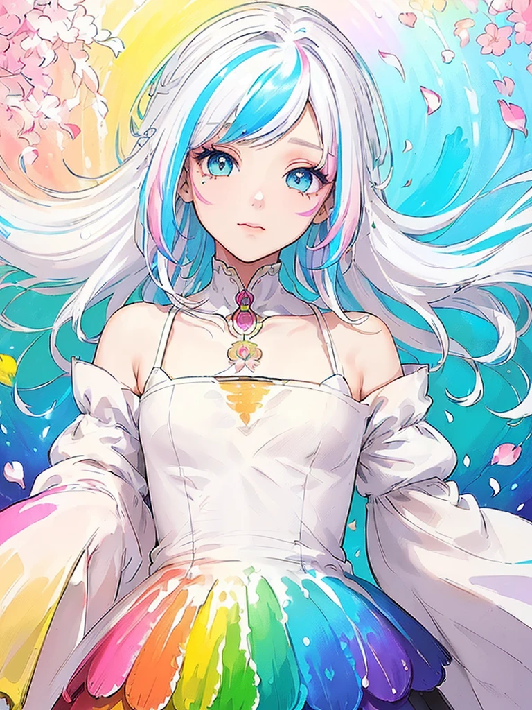 (Pink Fashion T-shirt:1.9),(Colorful hair: 1.8), (all the colours of the rainbow: 1.8),(((((vertical painting:1.6))), (painting:1.6),front, comics, illustrations, paintings, large eyes, crystal clear eyes,( rainbow color gradient high ponytail:1.7), exquisite makeup, closed mouth,(Small Fresh: 1.5),(Wipe Chest: 1.6) ,long eyelashes, white off shoulder T-shirt, White Shoulder Shirt,looking at the audience, large watery eyes, (rainbow colored hair:1.6), color splash, (solo:1.8), color splash, color explosion, thick paint style, messy lines, ((shining)),(colorful), (colorful), (colorful), colorful, Thick Paint Style, (Splash) (Color Splash), Vertical Painting, Upper Body, Paint Splash, Acrylic Pigment, Gradient, Paint, Highest Image Quality, Highest Quality, Masterpiece, Solo, Depth of Field, Face Paint, colorful clothes, (Elegant: 1.2), gorgeous,long hair, wind, (Elegant: 1.3), (Petals: 1.4),(((masterpiece))),(((best quality))),((ultra-detailed)),(illustration),(dynamic angle),((floating)),(paint),((disheveled hair)),(solo),(1girl) , (((detailed anima face))),((beautiful detailed face)),collar,bare shoulders,white hair, ((colorful hair)),((streaked hair)),beautiful detailed eyes,(Gradient color eyes),(((colorful eyes))),(((colorful background))),(((high saturation))),(((surrounded by colorful splashes))),