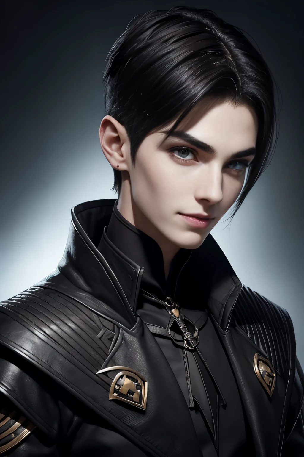 Portrait of an young androgynous male dark warlock in a fantasy setting. Skinny. Kind. Friendly. Smiling. Very pale skin with freckles and liverspots. Dark-brown hair. Short Undercut. Sides shaved. Big upturned dark-brown eyes. deep-set eyebrows. Very thinned out bright eyebrows. Long wide nose. Curved lips. Round face. Round chin. Long neck. Slim body. Black clothing.
