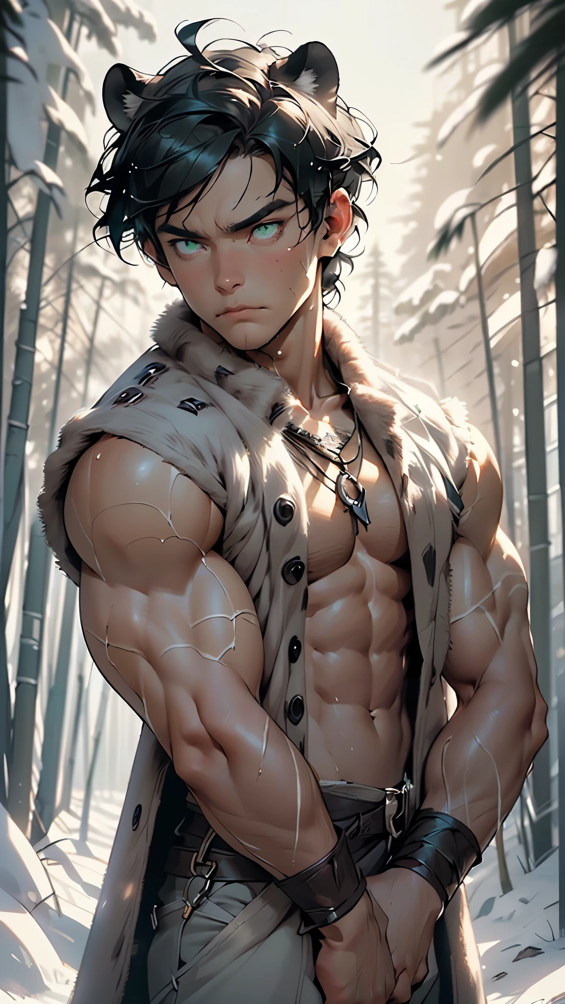(man:1.5),1 man,male, muscle, (1boy:1.3), muscle, pectoral, muscular,Mature man,
panther man from ancient Egypt,(((panther man,panther male warrior,panther-man))),(macho man:1.2),
(((panther ears,panther ears on head,big panther ears))),(large pectoral:1.4,),(((short hair,black hair,dark hair,colored inner hair))),(((green_eyes:1.3))),intricate eyes,beautiful detailed eyes,symmetrical eyes,(((lustrous skin:1.5,tanned skin,bright skin: 1.5,skin tanned,shiny skin,very shiny skin,shiny body))),((exaggerated muscles,exaggerated shoulders,very muscular and huge)),man chest,handsome face,((((muscular,hairy body,muscular man,tall,big biceps,abs,big thighs,broad shoulders,open chest)))),(((detailed face))),(((square jaw))),(ABS)
,(huge stature,tall stature),
barbarian,viking,nsfw,
(((brown fur coat,gray fur coat outfit,wearing a brown fur coat:1.3,brown winter coat))),(((furry edge clothing))),((bulge in loincloth)),(wearing a barbarian outfit:1.3,barbarian clothes),((furry fur on his shoulders)),((wet clothes,intricate outfit,intricate clothes)),tribal,
dynamic pose,looking at viewer,angry,centered,scale to fit dimensions,Rule of thirds,
((snowy pine forest)),winter,scenery:1.25,((intricate scenery)),((snow forest background)),
(Glossy Egyptian ornaments),highres,sharp focus,(ultra detailed,extremely detailed),(photorealistic artwork:1.37),(extremely detailed CG unity 8k wallpaper),(((vibrant colors,vibrant theme))),(intricate),(masterpiece),(best quality),artistic photography,(photography taken by sldr),(intricate background),perfect rendered face,perfect face details,realistic face,photo realistic,((intricate detail)),(((realism))),