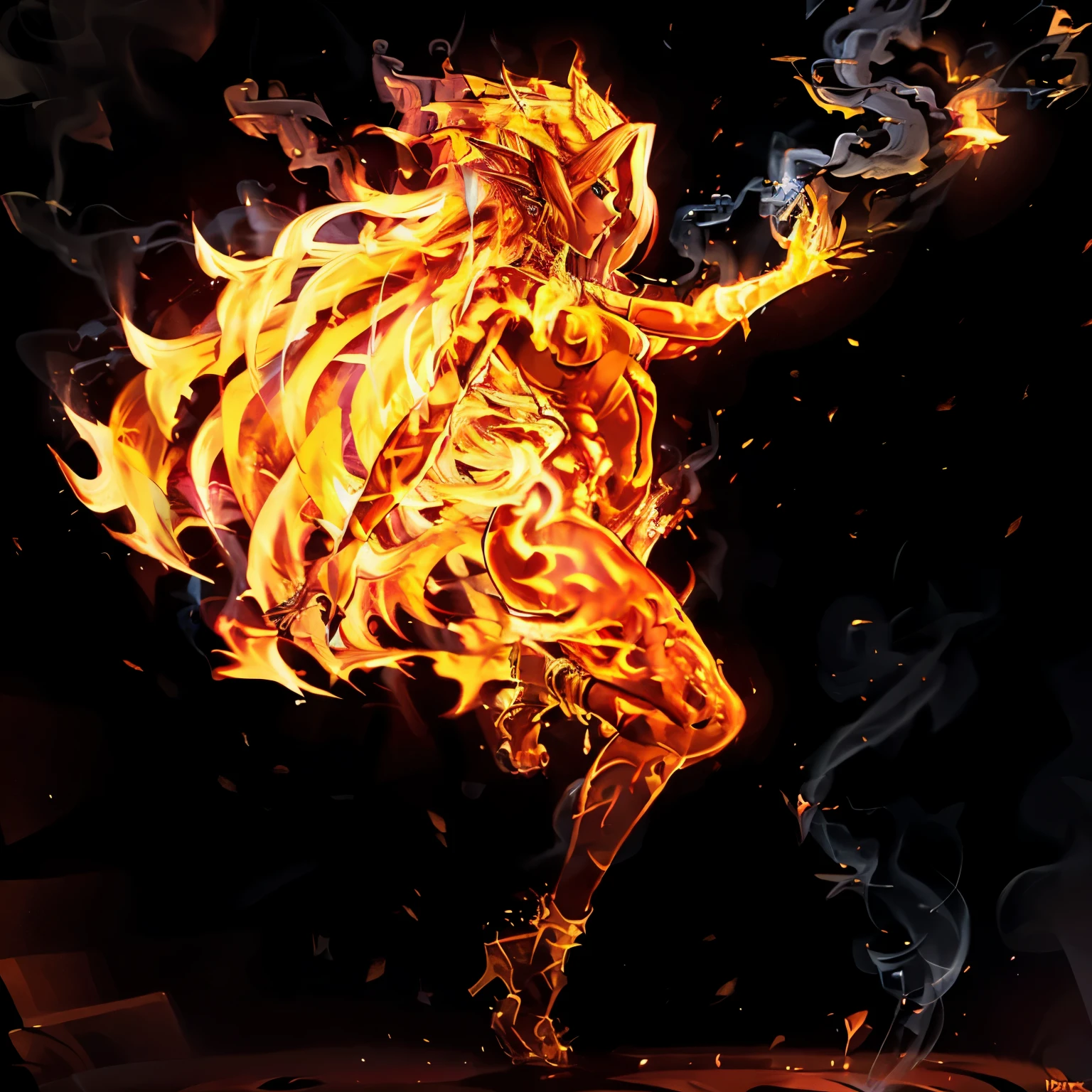 Beautiful flaming woman with bright yellow skin, long flaming hair that is shaved on the sides, black eyes, pointed ears, a flat chest, and wide hips. Wearing a djinn suit,efreet,cute,pretty,smoke eyes,black rock legs,
Volcano lava hands