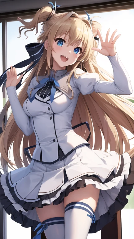 masterpiece, best quality, highres, 1girl, solo, long hair, blonde hair, two side up, (hair ribbon:1.1), blue eyes, neck ribbon, , white jacket, juliet sleeves, long sleeves, white skirt, thigh ribbon, black thighhighs, classroom, smile, open mouth, waving