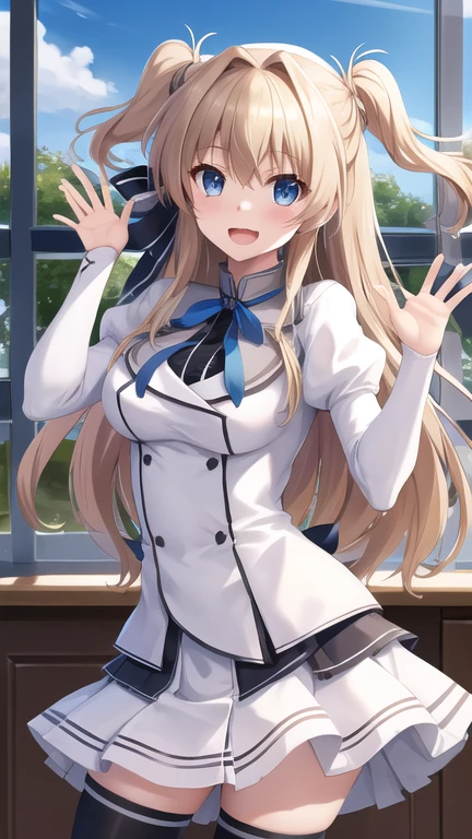 masterpiece, best quality, highres, 1girl, solo, long hair, blonde hair, two side up, (hair ribbon:1.1), blue eyes, neck ribbon, , white jacket, juliet sleeves, long sleeves, white skirt, thigh ribbon, black thighhighs, classroom, smile, open mouth, waving