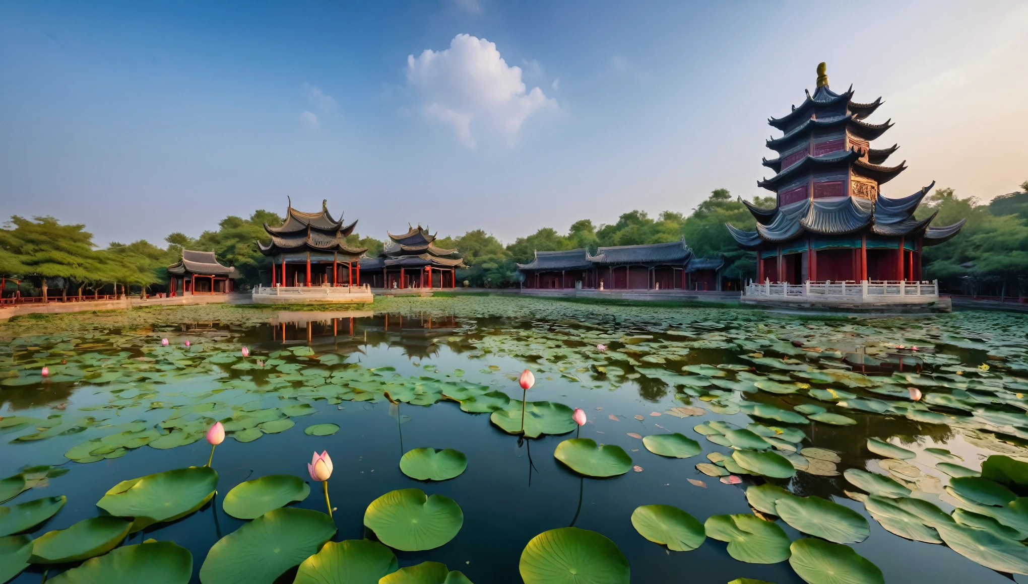 Moonlight over Lotus Pond,Chinese ancient architecture,Lotus,Lotus Leaf,water,Ultra wide angle,Slow door,HD,raw,8k,A masterpiece of international photography masters