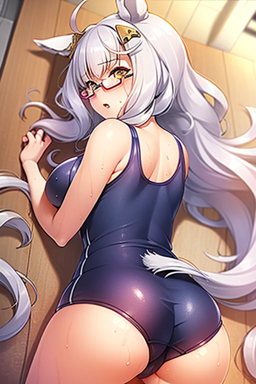 biwa hayahide \(umamusume\), under rim glasses, from behind,lying on stomach,('masterpiece,Best quality,1girl,Mature and intellectual lady,beautiful',),school swimsuit,wet_swimsuit,banquet,at noon