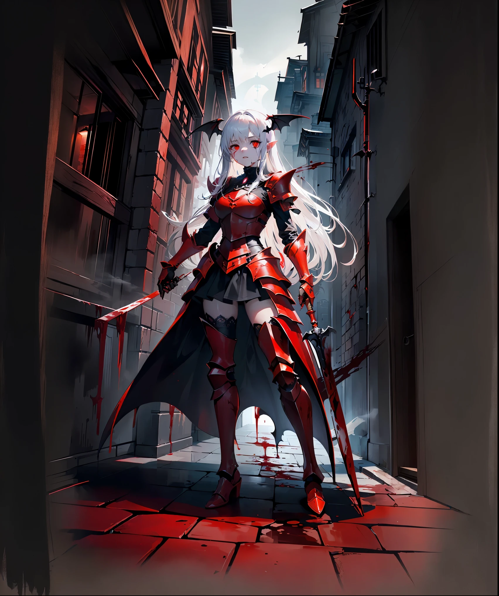 The setting is an alley between houses in a medieval environment.. The context is melancholic, pesado e sombrio. the floor is full of blood, houve um assassinato ali. the sky is gray and pale without color. cores vibrantes e arte estilo anime altamente detalhado. 