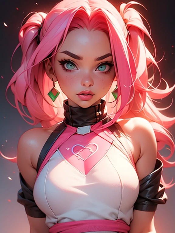 young woman, bubblegum pink hair tied in a bun, wide forehead, porcelain skin, pink eyebrows, emerald green eyes, upturned nose, thick pink lips, heart-shaped face, dark red clothes, Sakura Haruno, realism, well detailed, 3d
