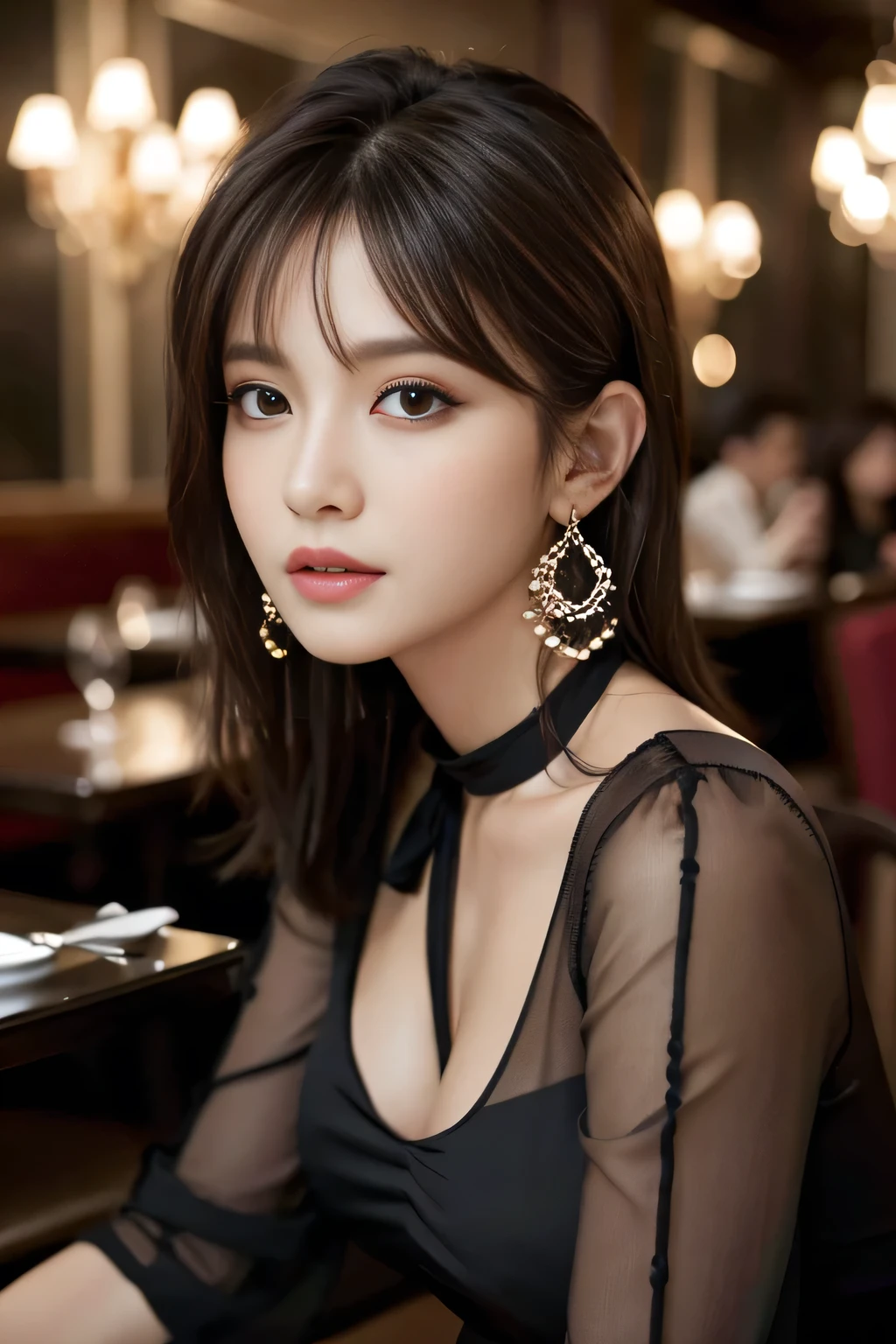 masterpiece, highest quality, Realistic, Very detailed, Finer details, High resolution, 8k wallpaper, One beautiful woman, Wear an elegant black see-through blouse, In a great restaurant, At night, Light brown shaggy haircut, Perfect dynamic composition, Beautiful and beautiful eyes、Big earrings、Sitting in a chair、No sleeve、