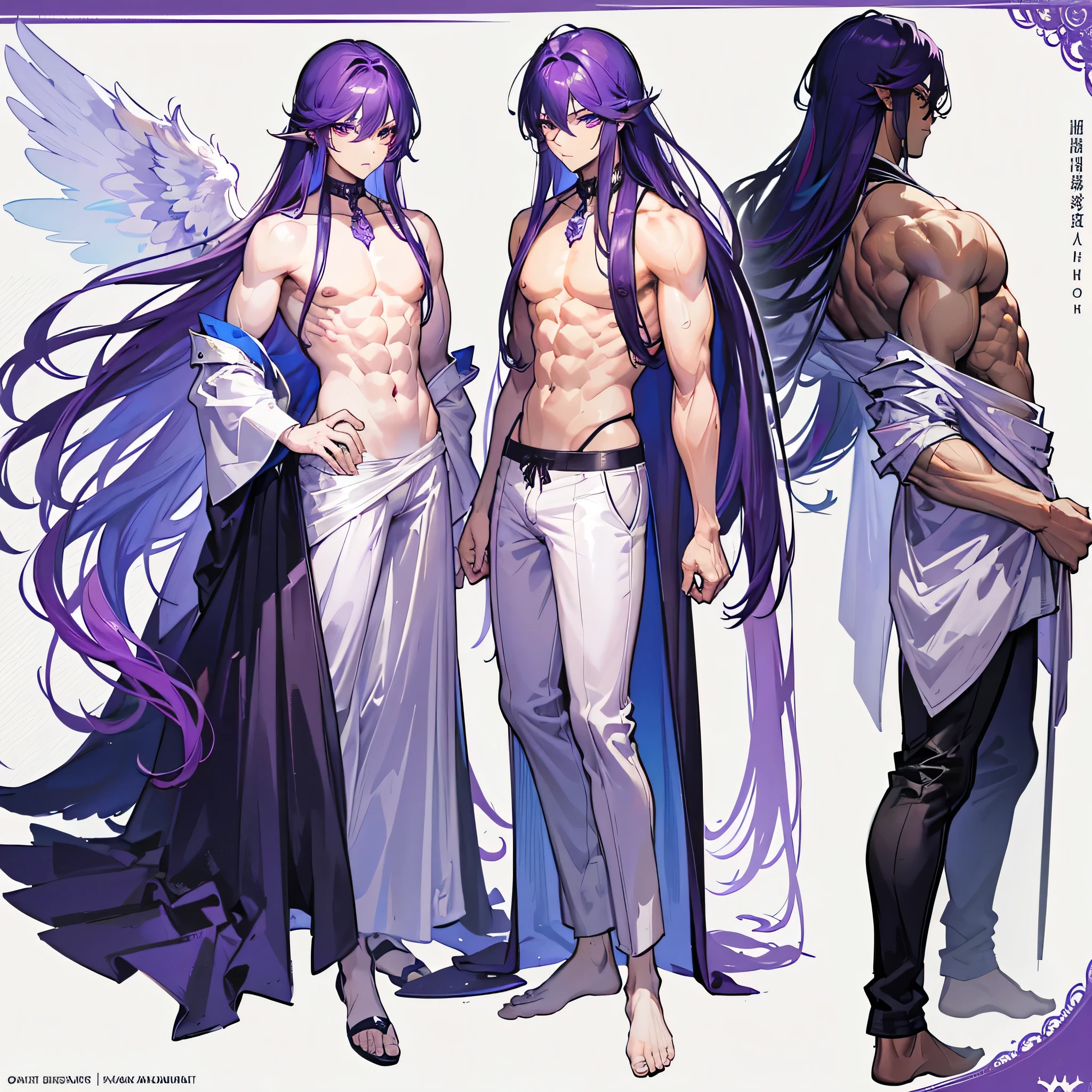 (Masterpiece, best quality), detailed, 1 man, ((character concept art)), ((character design sheet, same character, front, side, back)), full body, body complete, 1 Male, 1 Man, Detailed face, character design sheet，full bodyesbian, Highly detailed, character sheet, character design, Many parts, dark skin, angel wings, long purple hair, angel outfit, muscle male god,  masculine, muscle man, male muscle, manly, male angel, Muscle male with purple long hair，beautiful man, abs, pectoral muscle