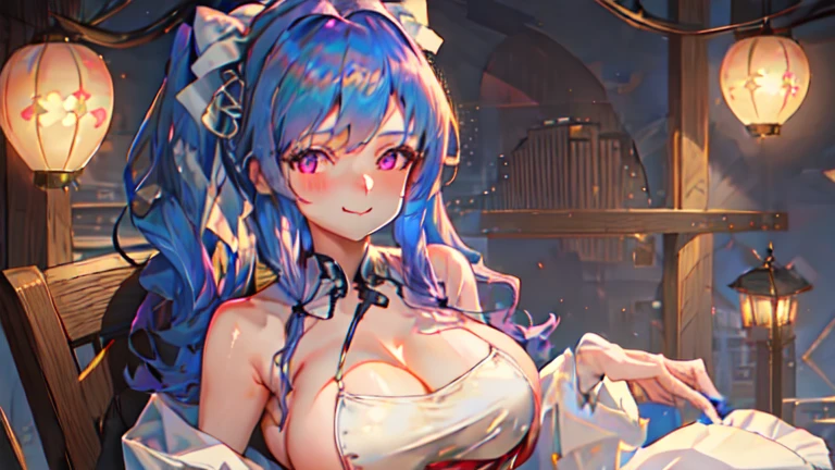 best quality, masterpiece, highres, solo, {st_louis_azurlane:1.15}, blue_hair, bangs, sidelocks, breasts, large_breasts, side_ponytail, blush, long_hair, cleavage, purple_eyes, hair_ornament, smile, hair_between_eyes, jewelry, pink_eyes, 1girl, bare_shoulders, bow, braid, china_dress, chinese_clothes, closed_mouth, dress, hair_ribbon, looking_at_viewer, ribbon, twin_braids, white_dress, hair_bow, white_ribbon, ahoge, clothing_cutout, crossed_bangs, sleeveless