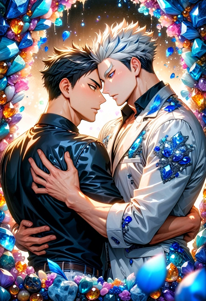 absurdres, highres, ultra detailed, HDR, master piece, best quality, Bokuto Kotaro, white hair, expressive brown eyes, Haikyuu, Akaashi Keiji, black hair, expressive dark blue eyes, two sexy men together, gay couple, yaoi, handsome, white coat, black shirt, magical, fantasy, shining, water, blue flowers, blue blossoms, blue butterflies, blue petals