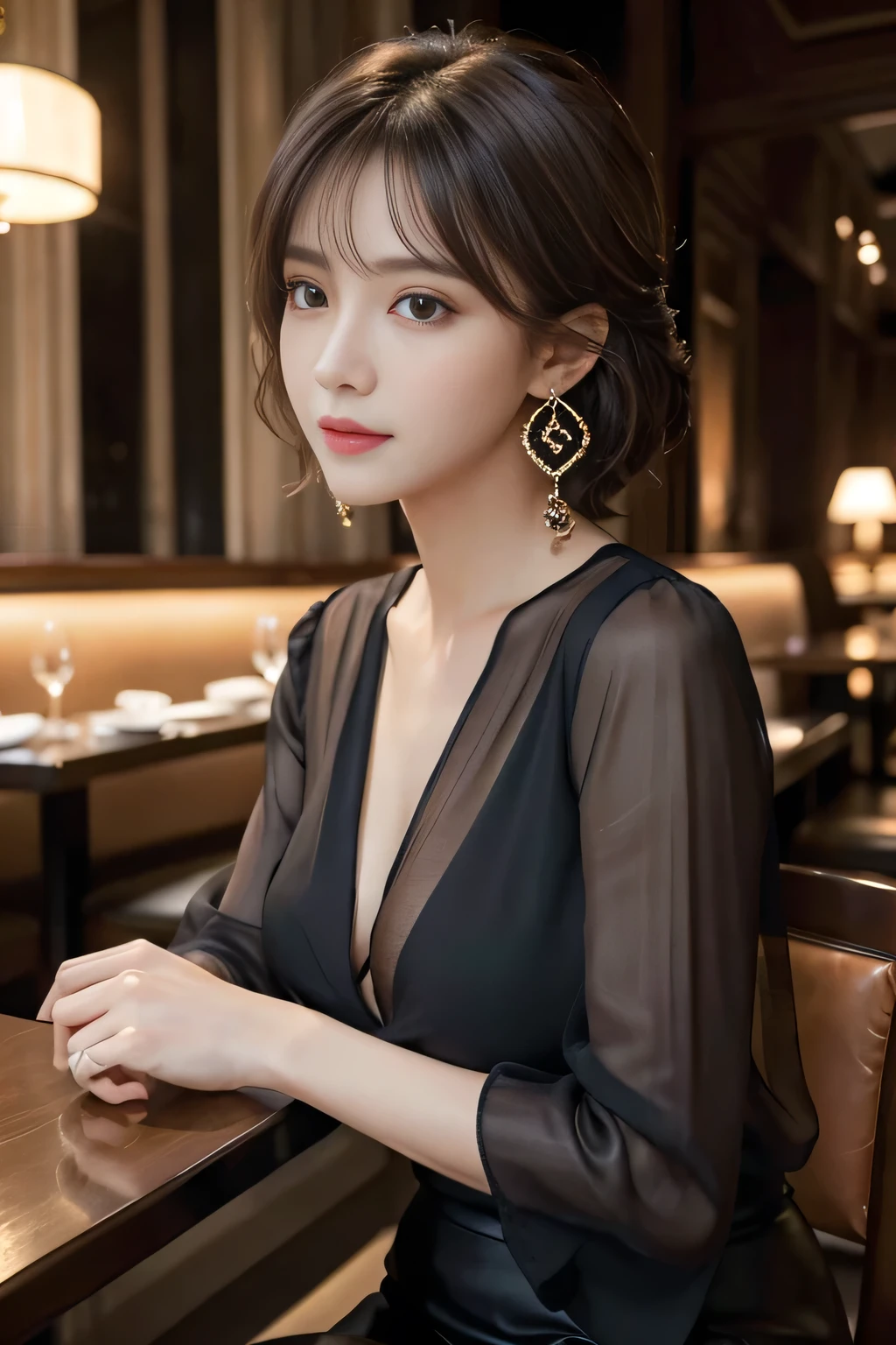 masterpiece, highest quality, Realistic, Very detailed, Finer details, High resolution, 8k wallpaper, One beautiful woman, Wear an elegant black see-through blouse, In a great restaurant, At night, Light brown shaggy haircut, Perfect dynamic composition, Beautiful and beautiful eyes、Big earrings、Sitting in a chair、No sleeve、