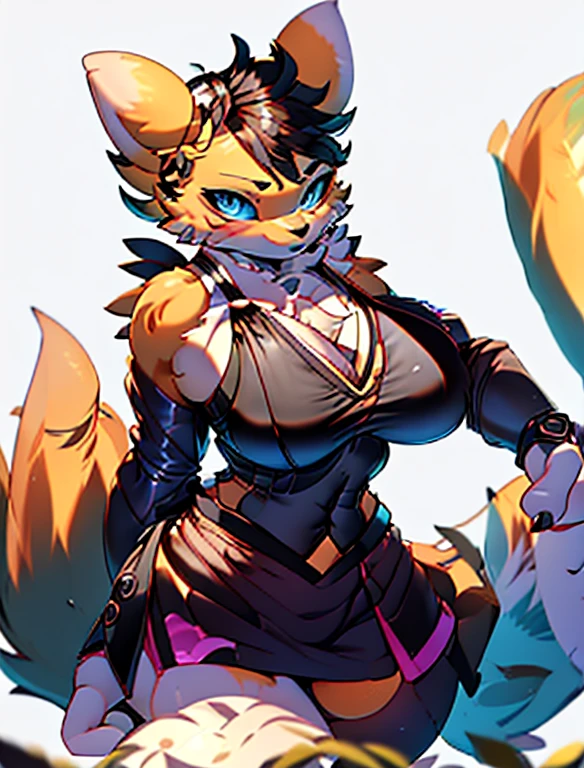 (furry Art, Uploaded On E621:1.4), Masterpiece, (best Quality:1.2), Simple Background, Detailed Image, Colorful, Vibrant Colors, Detailed Face, Perfect Lighting, Perfect Shadows, Perfect Eyes, Girl Focus, Perfect Hair, Blue Eyes, Perfect Face, Medium Breasts, Gorgeous Body, Hourglass Body, Shiny Body, 1girl, Solo, Center Focus, Renamon, Fox Ears, Tattoo, Fox Tail, Facial Mark, Fox Girl, Claws, Furry, Colored Sclera, Furry Female, Black Sclera, Body Fur, White Fur, Yin Yang, Animal Nose, Long Snout, Two-tone Fur, Digimon (creature), Yellow Fur, Upper Body, Cropped Torso, Steaming Body, (one Tail:1.8) (((seductive, Leather Skirt, Leather Sports Bra, Bare Shoulder, Bridal Gauntlets, Sleeves))),sexy.