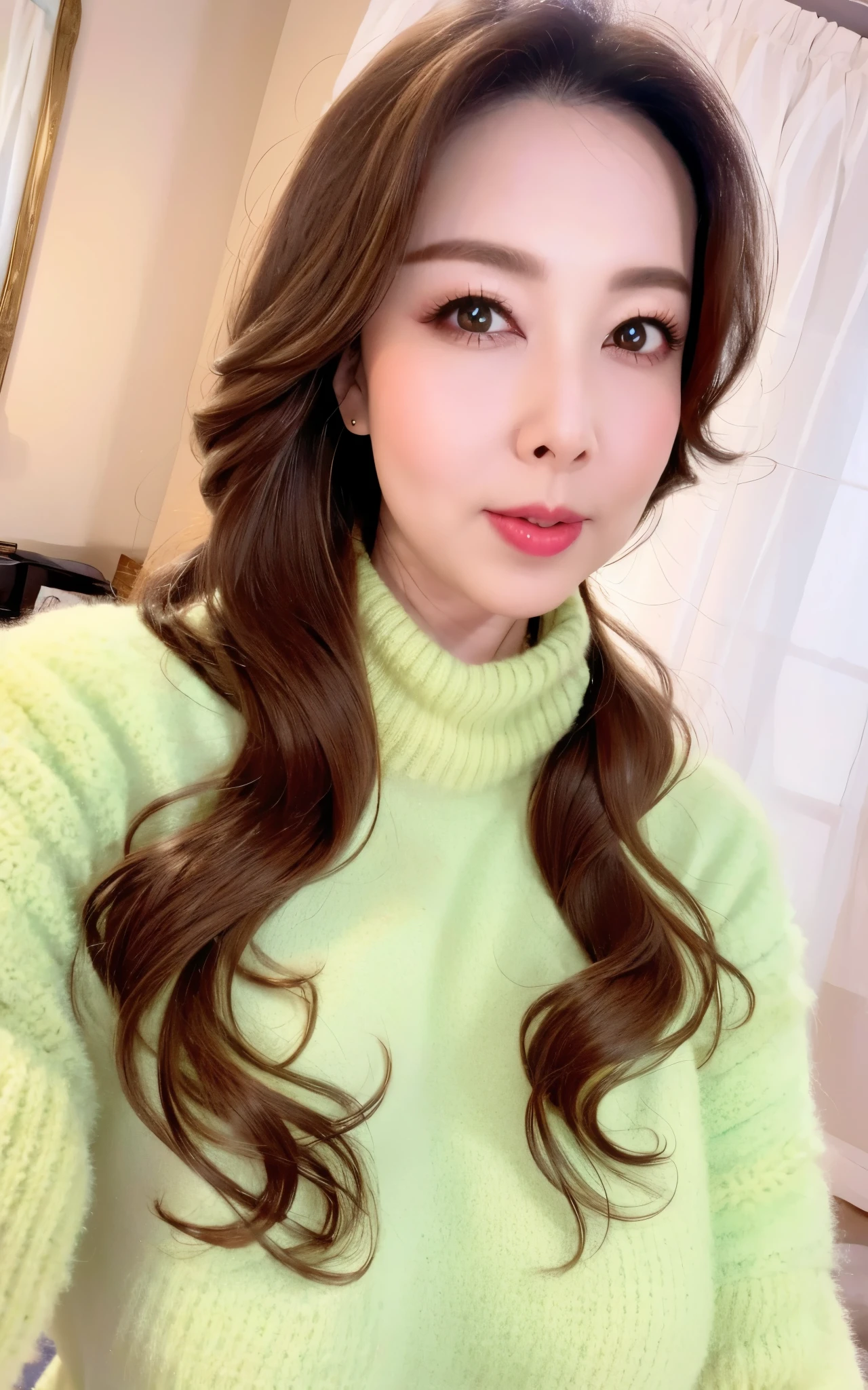 (8K), (HD), (masterpiece, best quality:1.2), beautiful milf, makeup:1.2,((fluffy sweater)), Huge natural breasts, seductive expression,