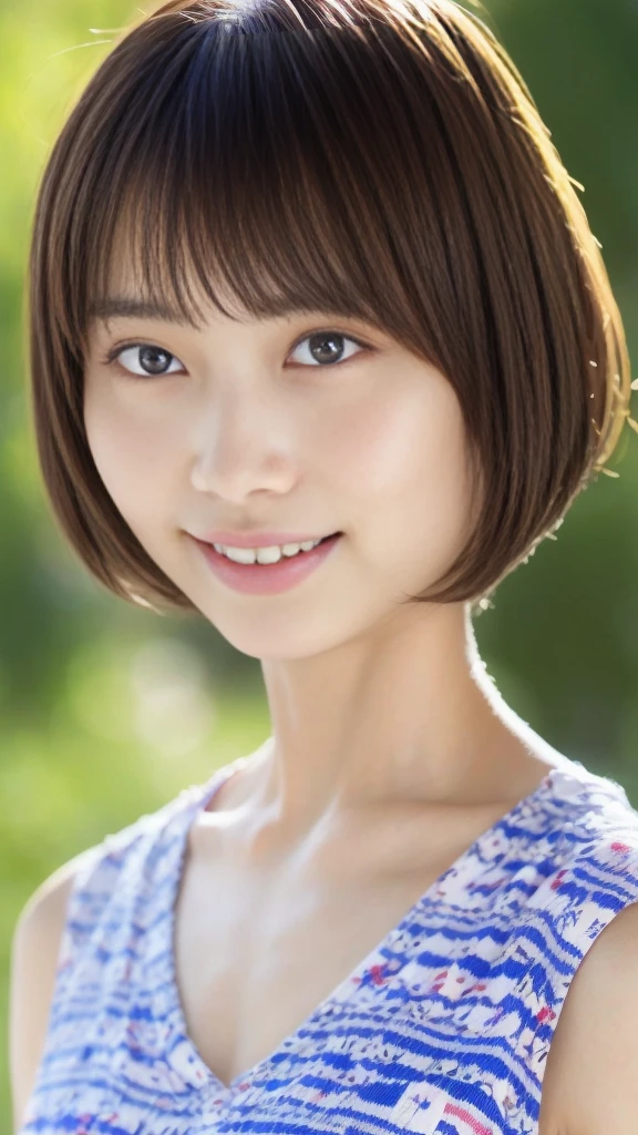 highest quality, Soft Light, Ultra-high resolution, (Realistic:1.4), RAW Photos, whole body、Floral Bikini、16 year old girl in Japan, alone, cute, (A shy smile:1), (Brown eyes, Slanted Eyes, Light in your eyes), Beautiful face in every detail, (High resolution detail of human skin texture), (short hair), sexy, Slender body, high school girl, Uniform appearance, whole body, 目尻がキュッと上がったいわゆるSlanted Eyes, The outer corner of the eye is higher than the inner corner of the eye, Looks like a strong will, Eyes with protruding corners