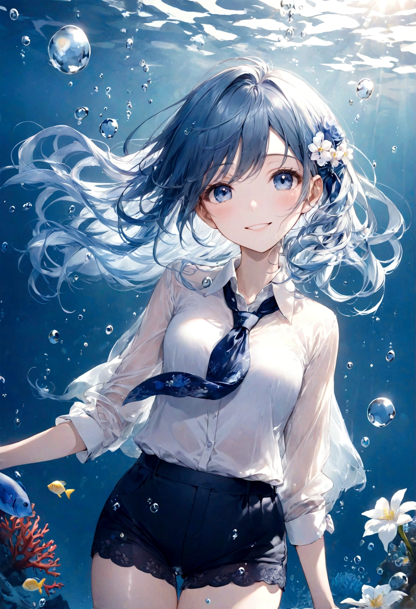 (top-quality)), ((​masterpiece)), ((ultra-detailliert)), (extremely delicate and beautiful), bright sky blue hair, watery hair, bright sapphire eyes, fair skin, beautiful woman, sheer white shirt, sheer silky navy blue shorts, navy blue ribbon tie, pearl decorations, underwater world, cold background, air bubbles, water bubbles, underwater, sweet smile, relaxed expression, delicate wavy long hair, blue and white flowers on hair