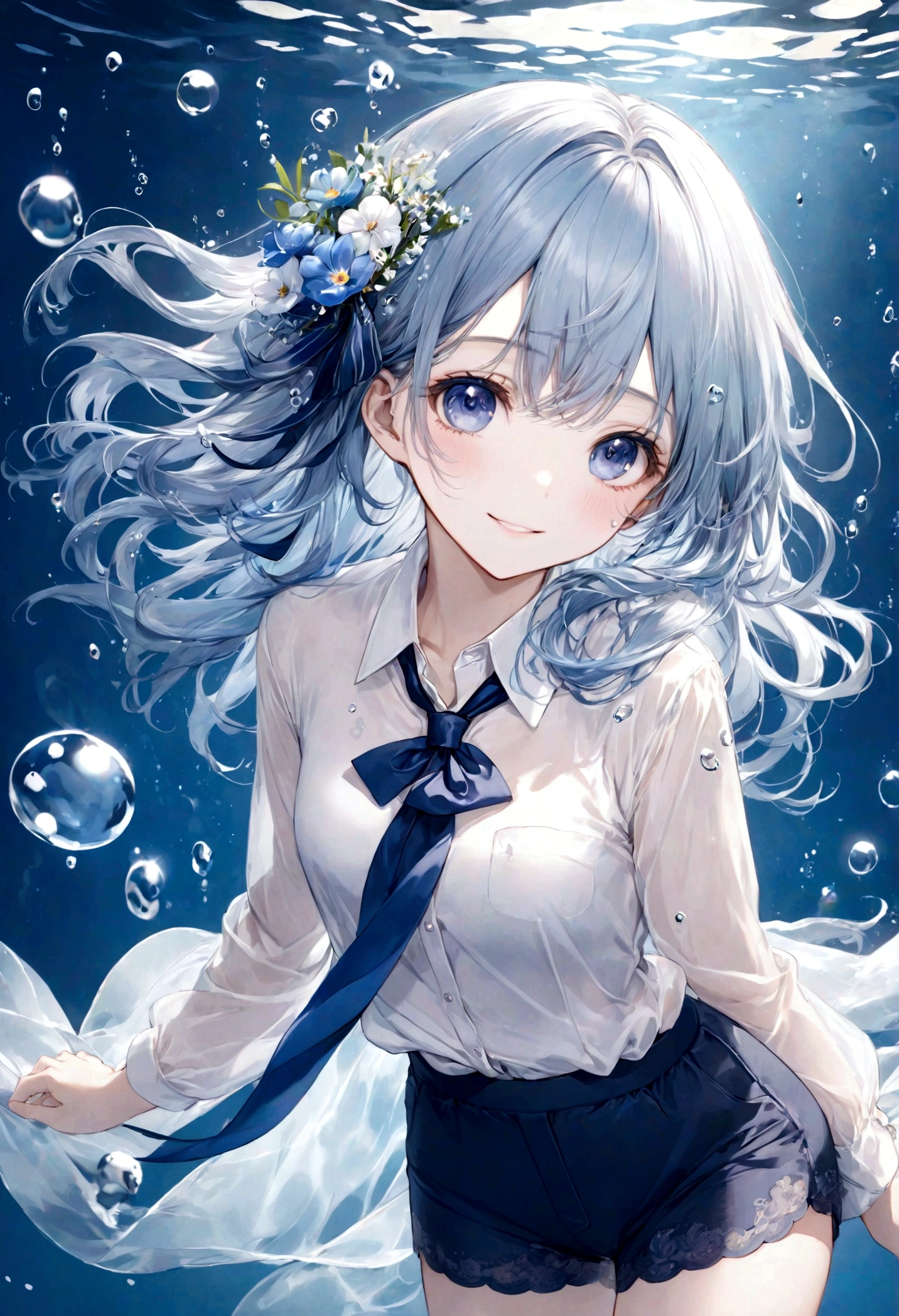 (top-quality)), ((masterpiece)), ((ultra-detailliert)), (extremely delicate and beautiful), bright sky blue hair, watery hair, bright sapphire eyes, fair skin, beautiful woman, sheer white shirt, sheer silky navy blue shorts, navy blue ribbon tie, pearl decorations, underwater world, cold background, air bubbles, water bubbles, underwater, sweet smile, relaxed expression, delicate wavy long hair, blue and white flowers on hair