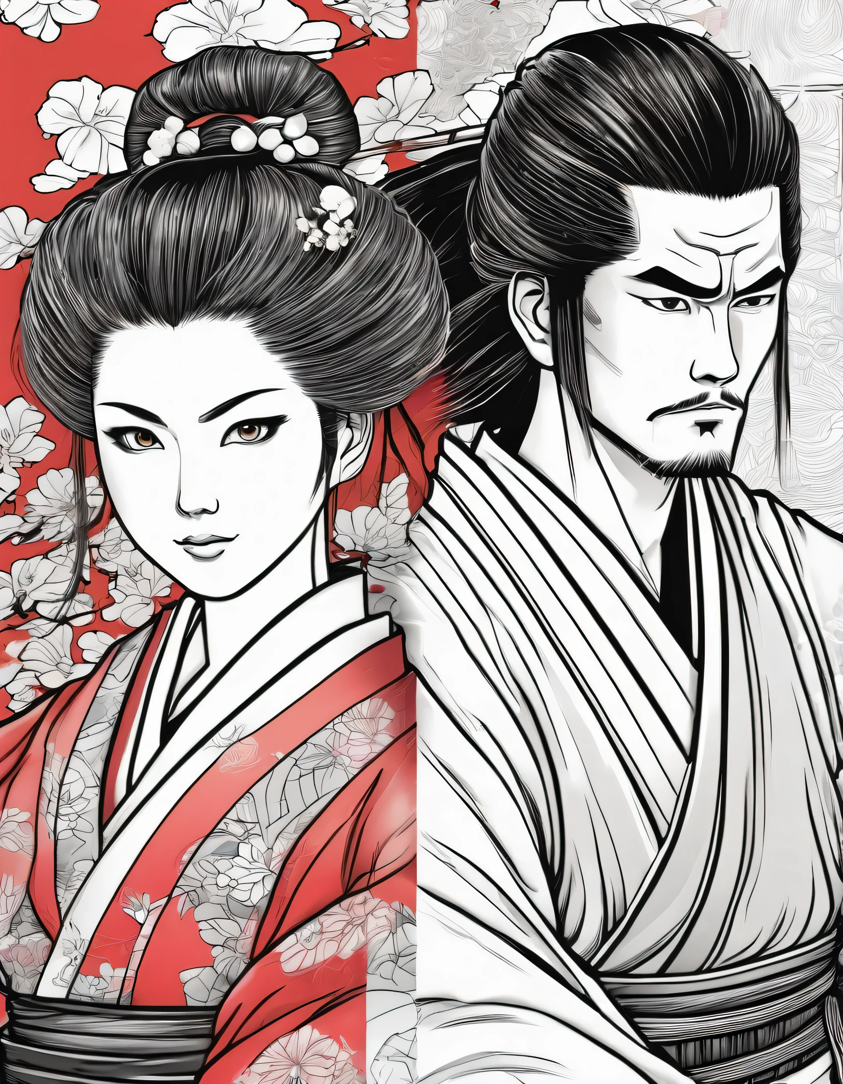 Pau colorido, japanese casal, sua arte em tinta fina, comic style, portrait of japan, Glamour de kyoto, bela arte de linha, coloring pencil comic style, manga style, manga art style, pencil and ink caricature drawing, coloring, other positions, corpo inteiro. Japan Background, gueixa e samurai