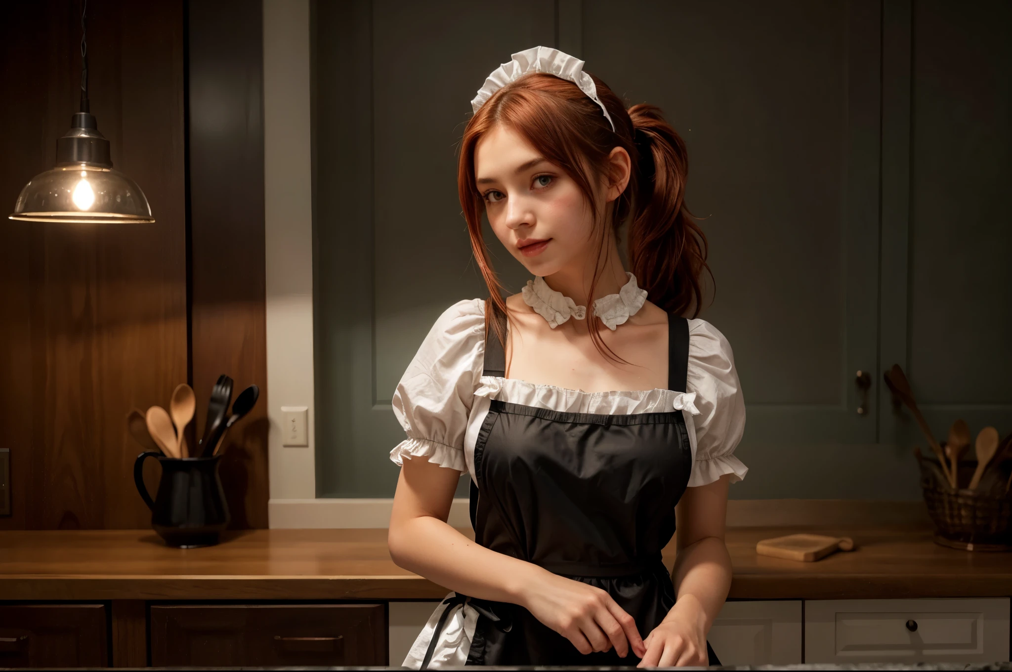 masterpiece,(best quality, illustration,detailed face:1.3),(1girl,solo:1.3),beautiful detailed eyes, apron, gradient_background, gradient, maid, purple eyes,red hair, medium breasts,, BREAK, enmaided, red_apron, black_dress, ponytail, black_footwear, frilled_apron, dress, maid_apron, alternate_hair,very long hair, split_ponytail, halo