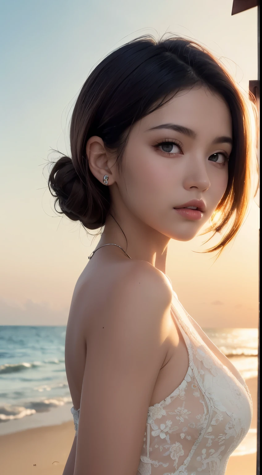 Mustepiece, top quality, illustration, ultra-definition, fine details, high resolution, 8K wallpaper, perfect dynamic composition, beautiful detailed eyes, wearing a dress, natural color lips, beach, random cute pose, perfect and beautiful face , cute, sexy face, sunset, feminine face