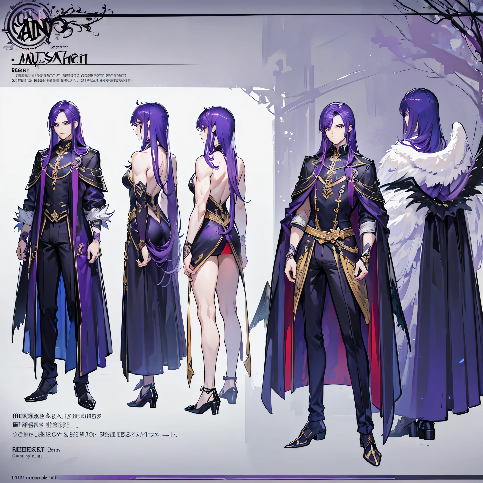 (Masterpiece, best quality), detailed, 1 man, ((character concept art)), ((character design sheet, same character, front, side, back)), full body, body complete, 1 Male, 1 Man, Detailed face, character design sheet，full bodyesbian, Highly detailed, character sheet, character design, Many parts, dark skin, angel wings, long purple hair, male angel outfit, masculine, muscle male god, muscle man, male muscle, manly, male angel, Muscle male with purple long hair,  beautiful man