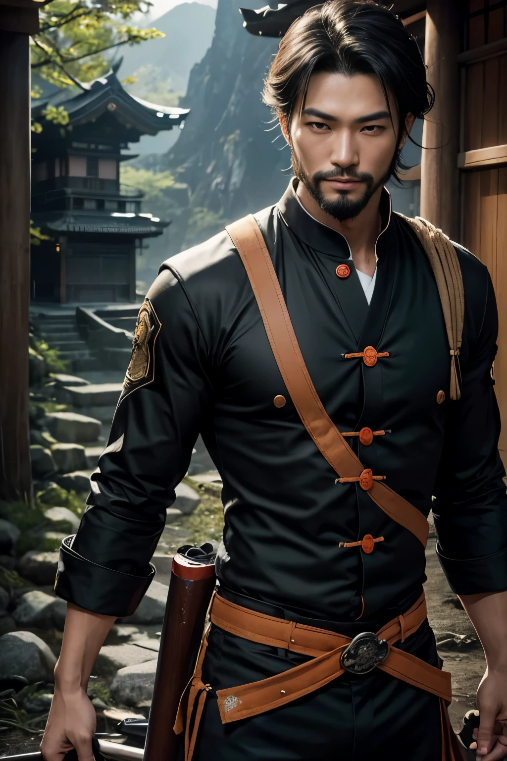 8k,A young Asian man with flashy brown medium bob hair(24-years-old),challenging atmosphere,muscular slim body,super realistic skin,Severely cracked abdominal muscles,black and orange combat uniform,white inner shirt,black and orange combat pants,Carrying a large and long Japanese sword,naughty smile,Big eyes,black eye,Wear black combat uniform to hide your body,Perfect Hand Shape Details,comical pose,masterpiece,Photorealistic RAW photos of the highest quality。bright colors,rich colors, Backlight, cinematic lighting, film grain, to be born, 50mm lens, Nikon D850,detailed character art,fantasy art,ultra high resolution,super realistic skin,perfect hand shape,mountain path,people４(Hanamura Yosuke),wild(super realistic skin),one point beard,Asian people,abandoned temple,white shirt,Big eyes,