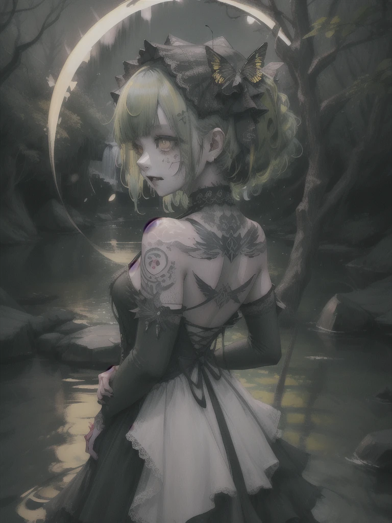 8k, 8k wallpaper, (an extremely delicate and beautiful:1.1), absurdres, (beautiful detailed eyes:1.3), (best illustration:1.1), (best quality:1.3), (best shadow:1.1), (cinematic lighting:1.2), detailed eyes, (detailed_light:1.1), (dreamy:1.1), (extremely detailed CG unity 8k wallpaper:1.1), highres, (masterpiece:1.3), official_art, ray tracing, (stylized:1.3), trending on artstation, (ultra_detailed:1.2)

(STYLE & COMPOSITION:0)
1girl, (from_behind:1.2), (partially_submerged:1.2), red, upper_body, (yellow:1.1)

(POSE & EXPRESSION:0)
looking_at_viewer, parted_lips, standing, surprised, (turning_head:1.2), (washing_hair:1.2)

(CHARACTER:0)
       (FACE:0)
ahoge, antennae, arthropod_girl, bangs, chitin, collarbone, (dark_green_hair:1.2), (facepaint:1.2), (fangs:1.3), flower_hair_ornament, green_hair, hairclip, hair_between_eyes, high_collar, lipstick, long_hair, messy_hair, (monster_girl, moth_antennae, moth_girl, moth_hair_ornament:1.2), multicolor_hair, (red_trim:1.3), sidelocks, (yellow_eyes:1.2)

    (PORTRAIT:0)
backless_dress, bare_shoulers, lace_dress, small_breasts, (tattoo:1.2), (two-tone_hair:1.2)

   (UPPER_BODY:0)
arthropod_limbs, nail_polish, narrow_waist

    (COWBOY_SHOT:0)


    (FULL_BODY:0)


(NSFW:0)



(BACKGROUND:0)
(waterfall:1.2), water, (reflective_water:1.2), night, moonlight,  forest, river, moon, stars, (mist:1.1)

(EMBEDDINGS:0)