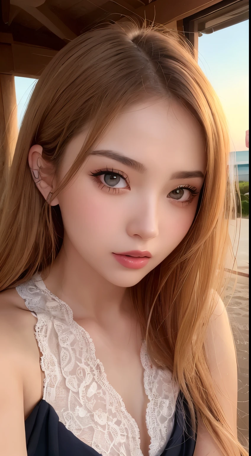 masutepiece, Best Quality, Illustration, Ultra-detailed, finely detail, hight resolution, 8K Wallpaper, Perfect dynamic composition, Beautiful detailed eyes, Wear a dress, Natural Color Lip,Beach, Random and cute poses, Kissing face,Close your eyes,Face Kiss Viewer,Perfect and beautiful face,Cute,Sexy face,Sunset,A face that felt ecstasy,Feminine face,Expression of excitement climax having sex