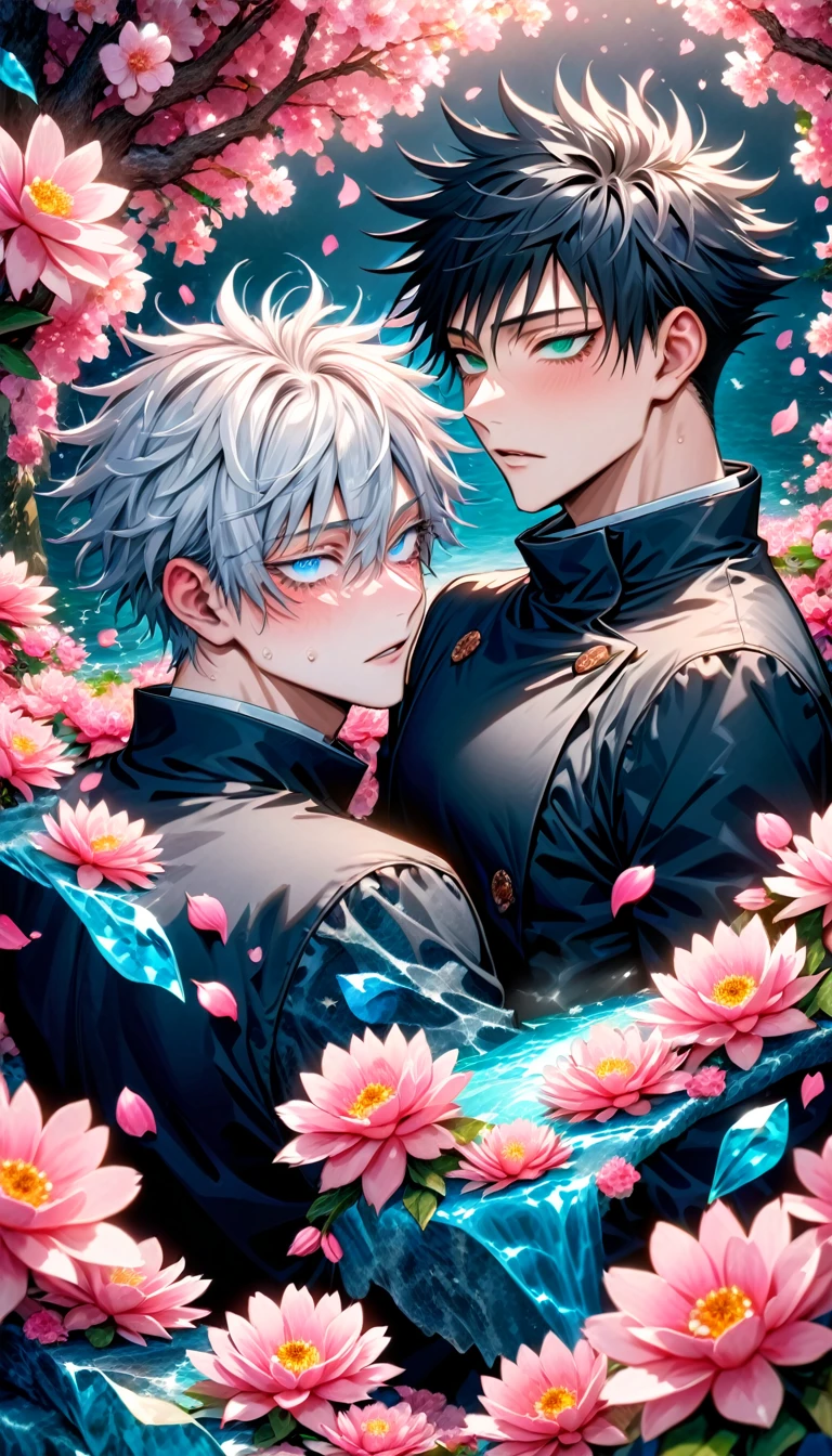 Ultra detailed, Highres, absurdres, HDR, master piece, Gojo Satoru, white hair with bangs, hair between the eyes, white eyelashes, expressive blue eyes, Fushiguro Megumi, black hair, expressive green eyes, Jujutsu Kaisen, handsome, two man together, gay couple, love, yaoi, extremely detailed eyes and face, water, pink flowers, blossoms, petals, sexy, fantasy, black clothes, magic