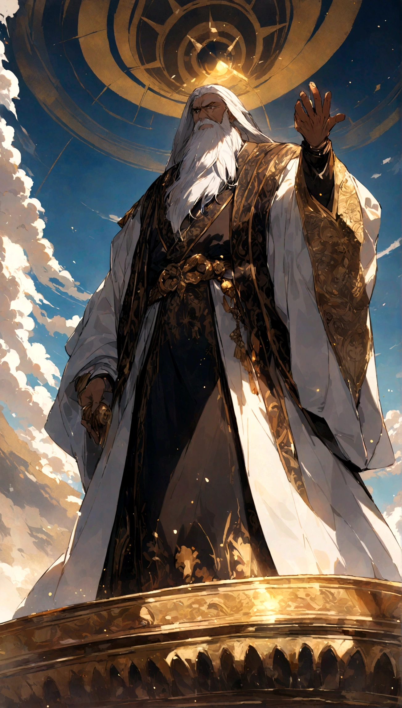 A middle-aged man in a luxurious robe stood on the platform, Holding a fan in hand, Scanning the surroundings with sharp eyes, A bold and generous look,Has a long beard, Xueer and Nalan Wan'er, Stand next to him, Serious expression. Below the platform is a vast valley, Pleasant scenery under the sun. ,32k, best quality, masterpiece, Super Detail, Jidaimono Anime Style High Detail