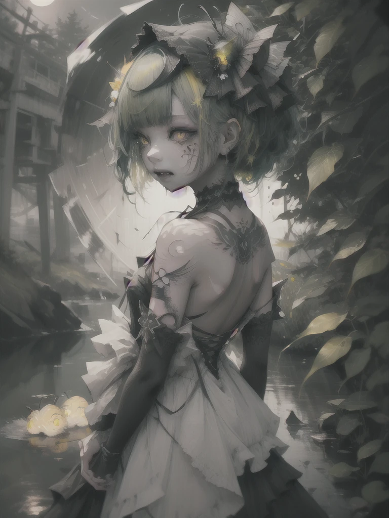 8k, 8k wallpaper, (an extremely delicate and beautiful:1.1), absurdres, (beautiful detailed eyes:1.3), (best illustration:1.1), (best quality:1.3), (best shadow:1.1), (cinematic lighting:1.2), detailed eyes, (detailed_light:1.1), (dreamy:1.1), (extremely detailed CG unity 8k wallpaper:1.1), highres, (masterpiece:1.3), official_art, ray tracing, (stylized:1.3), trending on artstation, (ultra_detailed:1.2)
(STYLE & COMPOSITION:0)
1girl, (from_behind:1.2), (partially_submerged:1.2), red, upper_body, (yellow:1.1)
(POSE & EXPRESSION:0)
looking_at_viewer, parted_lips, standing, surprised, (turning_head:1.2), (washing_hair:1.2)
(CHARACTER:0)
(FACE:0)
ahoge, antennae, arthropod_girl, bangs, chitin, collarbone, (dark_green_hair:1.2), (facepaint:1.2), (fangs:1.3), flower_hair_ornament, green_hair, hairclip, hair_between_eyes, high_collar, lipstick, long_hair, messy_hair, (monster_girl, moth_antennae, moth_girl, moth_hair_ornament:1.2), multicolor_hair, (red_trim:1.3), sidelocks, (yellow_eyes:1.2)
(PORTRAIT:0)
backless_dress, bare_shoulers, lace_dress, small_breasts, (tattoo:1.2), (two-tone_hair:1.2)
(UPPER_BODY:0)
arthropod_limbs, nail_polish, narrow_waist
(COWBOY_SHOT:0)
(FULL_BODY:0)
(NSFW:0)
(BACKGROUND:0)
(waterfall:1.2), water, (reflective_water:1.2), night, moonlight, forest, river, moon, stars, (mist:1.1)
(EMBEDDINGS:0)