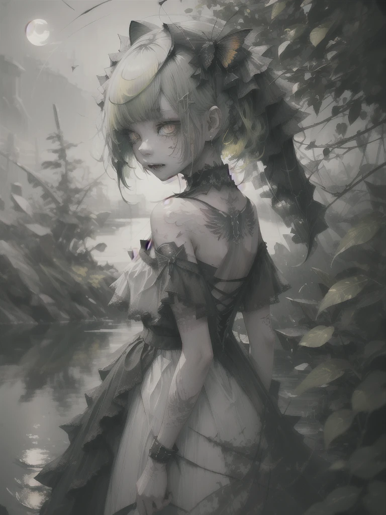 8k, 8k wallpaper, (an extremely delicate and beautiful:1.1), absurdres, (beautiful detailed eyes:1.3), (best illustration:1.1), (best quality:1.3), (best shadow:1.1), (cinematic lighting:1.2), detailed eyes, (detailed_light:1.1), (dreamy:1.1), (extremely detailed CG unity 8k wallpaper:1.1), highres, (masterpiece:1.3), official_art, ray tracing, (stylized:1.3), trending on artstation, (ultra_detailed:1.2)

(STYLE & COMPOSITION:0)
1girl, (from_behind:1.2), (partially_submerged:1.2), red, upper_body, (yellow:1.1)

(POSE & EXPRESSION:0)
looking_at_viewer, parted_lips, standing, surprised, (turning_head:1.2), (washing_hair:1.2)

(CHARACTER:0)
       (FACE:0)
ahoge, antennae, arthropod_girl, bangs, chitin, collarbone, (dark_green_hair:1.2), (facepaint:1.2), (fangs:1.3), flower_hair_ornament, green_hair, hairclip, hair_between_eyes, high_collar, lipstick, long_hair, messy_hair, (monster_girl, moth_antennae, moth_girl, moth_hair_ornament:1.2), multicolor_hair, (red_trim:1.3), sidelocks, (yellow_eyes:1.2)

    (PORTRAIT:0)
backless_dress, bare_shoulers, lace_dress, small_breasts, (tattoo:1.2), (two-tone_hair:1.2)

   (UPPER_BODY:0)
arthropod_limbs, nail_polish, narrow_waist

    (COWBOY_SHOT:0)


    (FULL_BODY:0)


(NSFW:0)



(BACKGROUND:0)
(waterfall:1.2), water, (reflective_water:1.2), night, moonlight,  forest, river, moon, stars, (mist:1.1)

(EMBEDDINGS:0)