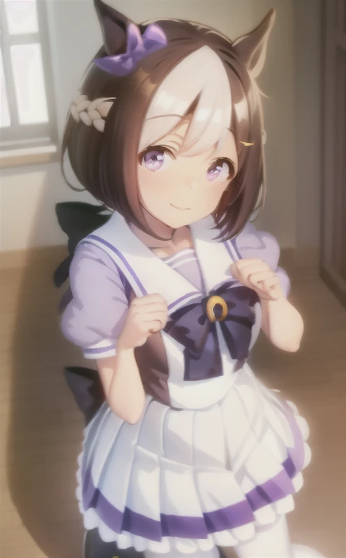 special_week_\(umamusume\), natsufuku, pleated skirt, puffy short sleeves, purple bow, white skirt, sailor collar, sailor shirt, tracen , sitting, from above, white thighhighs, looking at viewer, windows, horse tail, smile, head tilt, inside classroom, school, best quality 