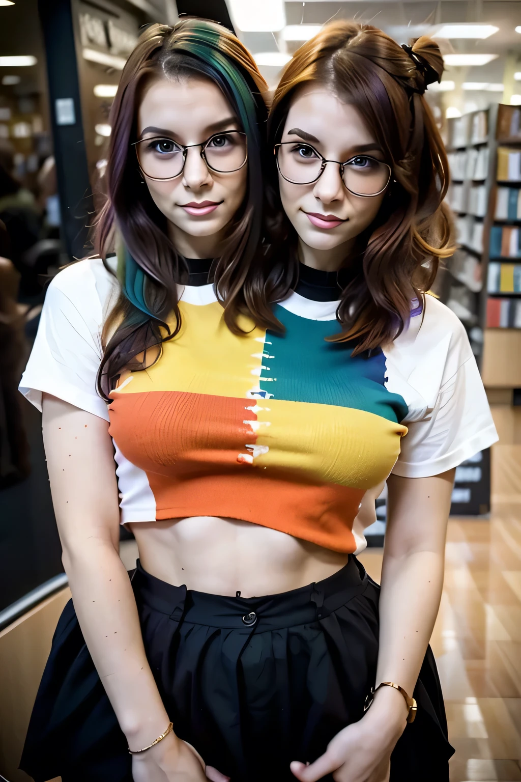 2heads, female couple, age 28, two heads on one body, conjoined, one torso, hipsters, multicolored hair, casual fashion, on the couch