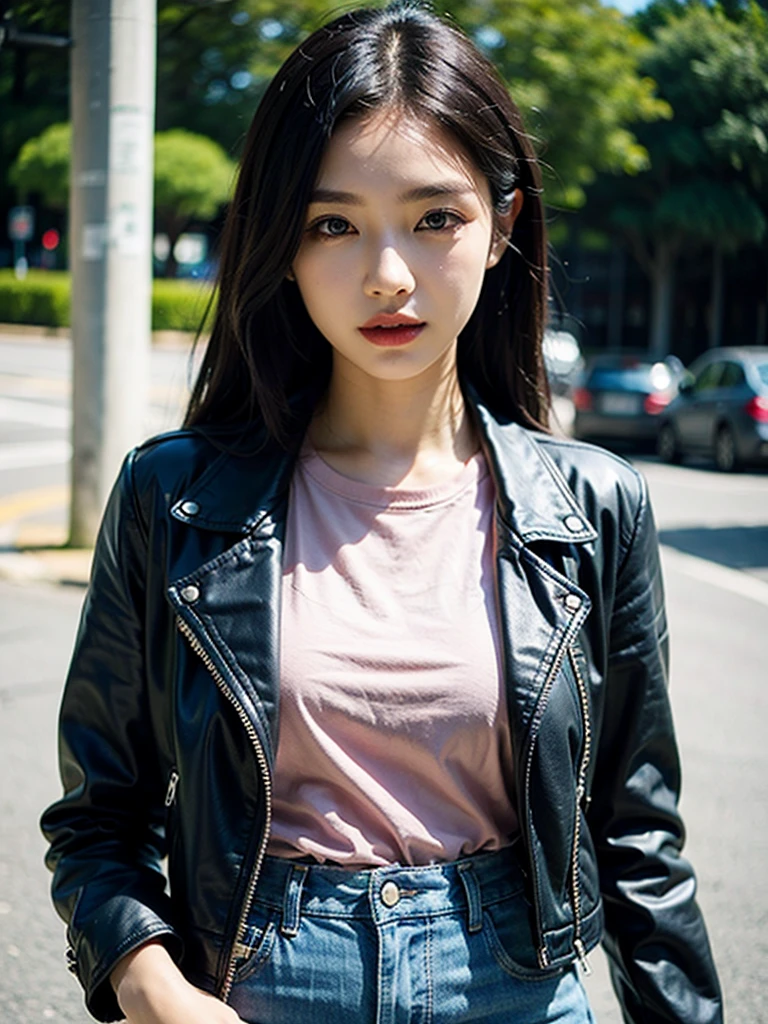 a park、 a picture、realisitic、Beautuful Women、Leather jacket、tshirts、Denim tight skirt、A detailed face、Detailed lips、A detailed eye、luslous skin、One Person