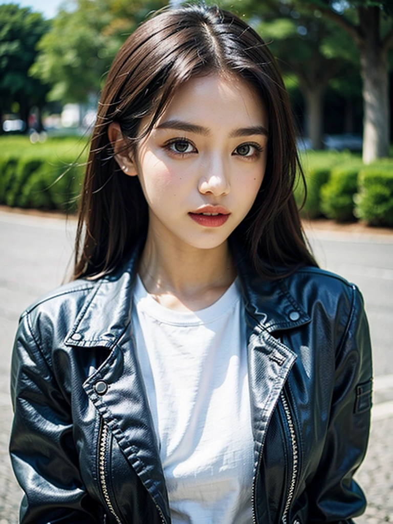 a park、 a picture、realisitic、Beautuful Women、Leather jacket、tshirts、Denim tight skirt、A detailed face、Detailed lips、A detailed eye、luslous skin、One Person