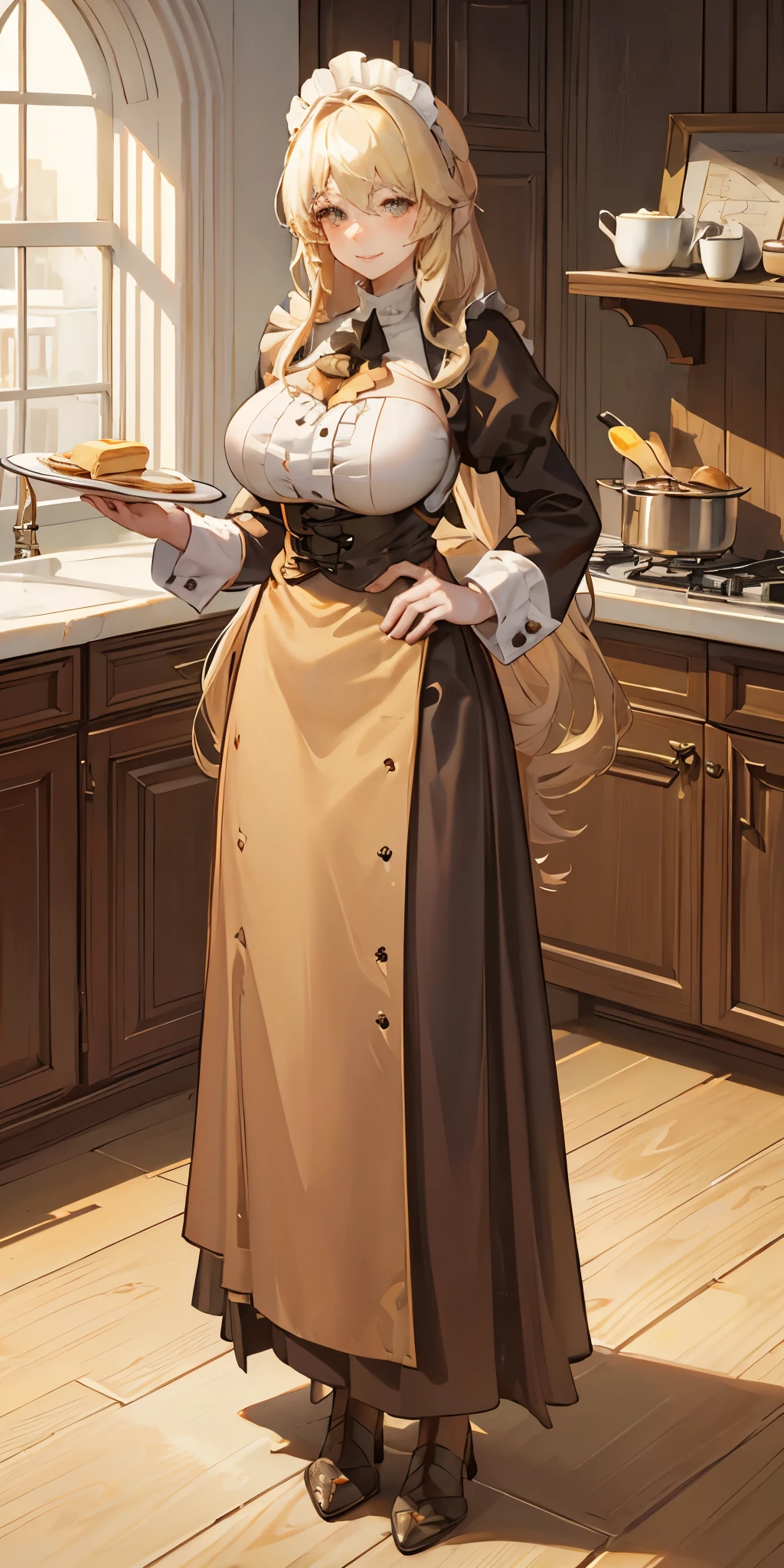 pancakes in the Asteria VK skillet,a blond,Twin-tailed,MILFWoman in her 30s hands on hips and holding tray with pancakes, maid APRON with shape LOVE symbol,Smile, red cheeks,kitchen, the upper part of the body