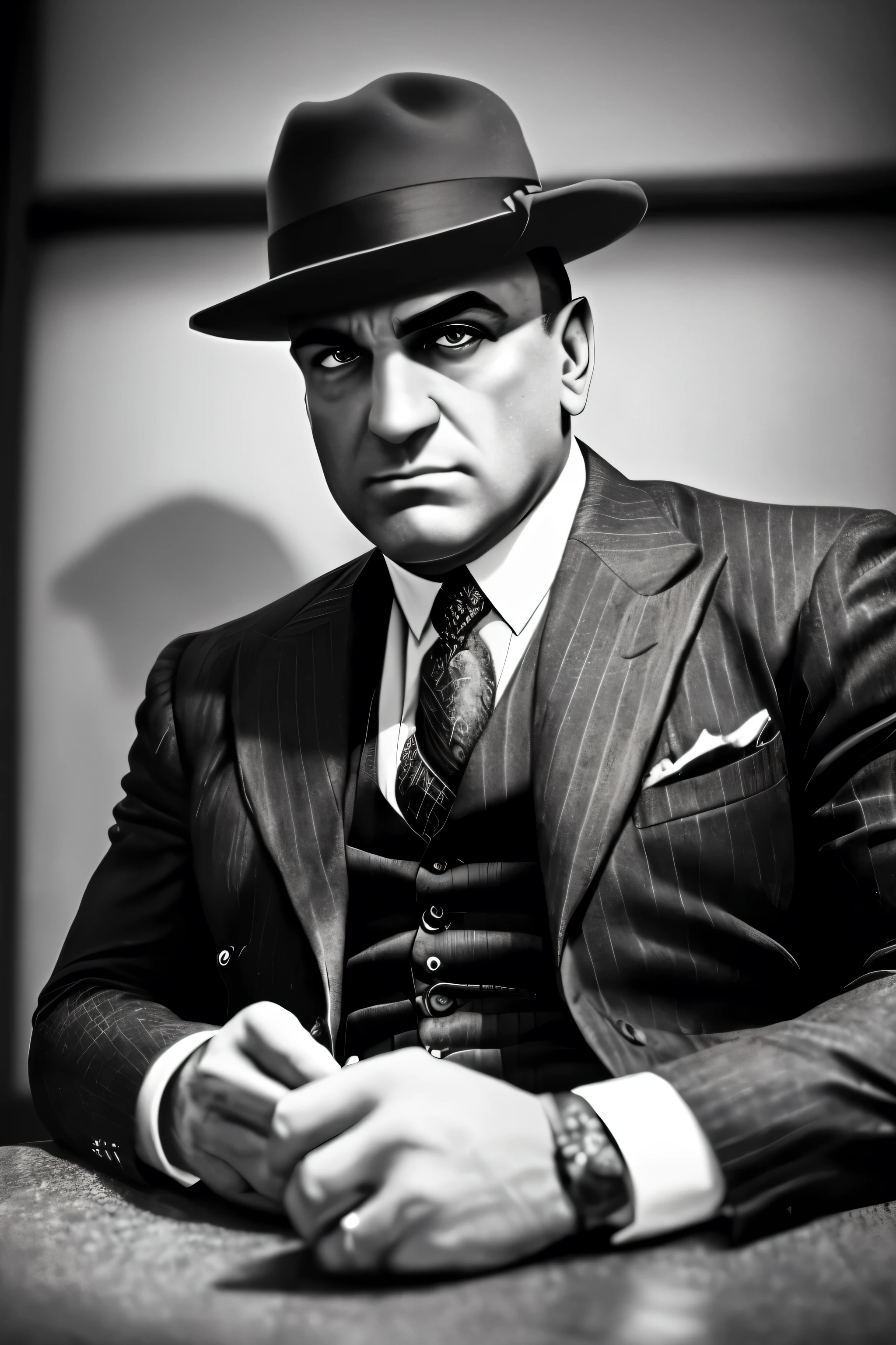 Al Capone, evil smirk, intense gaze, sharp suit, prohibition era, 1920s Chicago, high contrast lighting, dark moody setting, cinematic composition, dramatic shadows, vintage film grain, gritty realism, masterpiece, (best quality,4k,8k,highres,masterpiece:1.2),ultra-detailed,(realistic,photorealistic,photo-realistic:1.37)