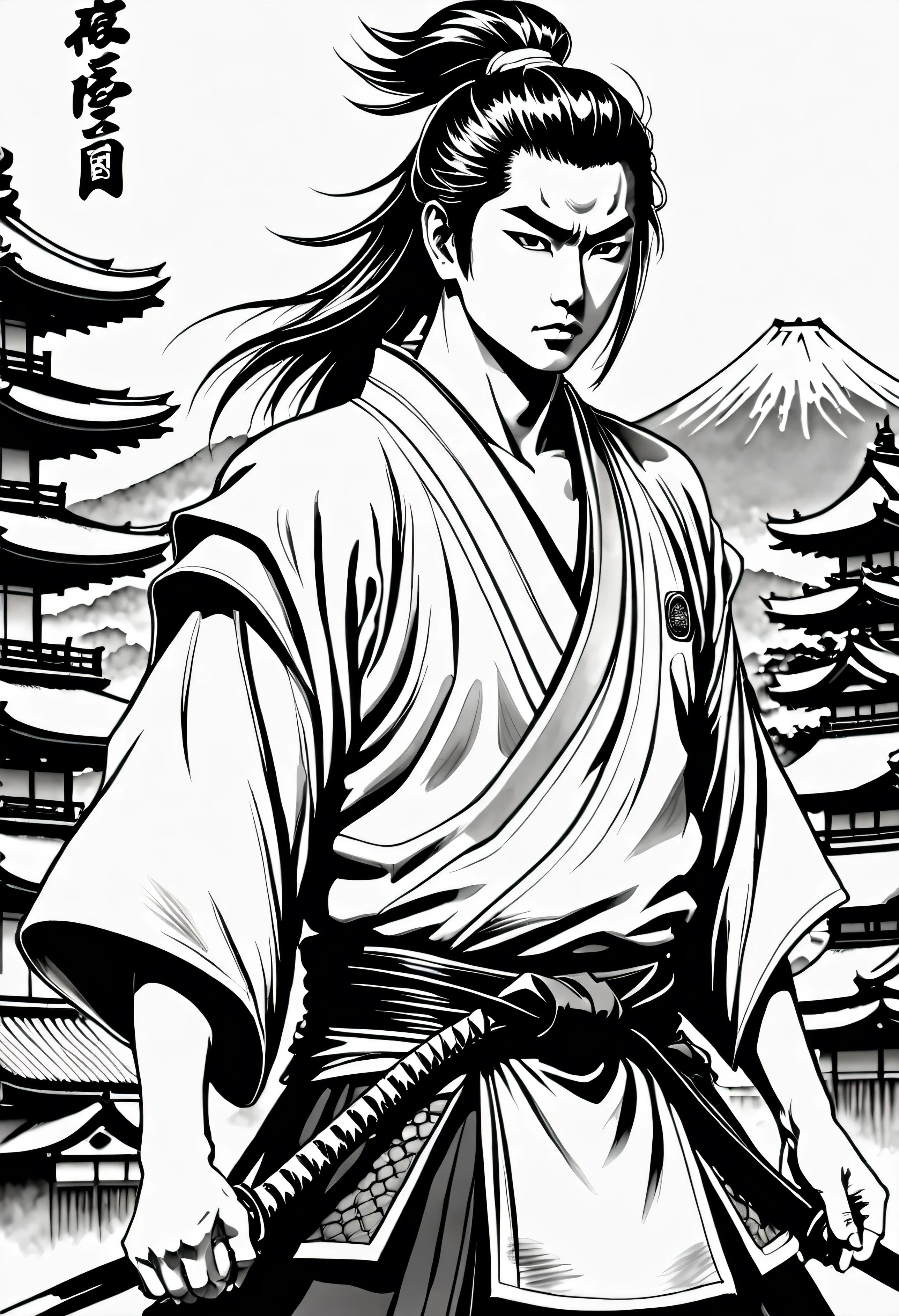 Pau preto e branco, sua arte em tinta fina, comic style, portrait of japan, Glamour de Osaka, bela arte de linha, black and white comic style, manga style, manga art style, pencil and ink caricature drawing, black and white coloring, cabelo branco, other positions, cabelo branco, cabelo loiro, preto e branco, sem tons de cinza, corpo inteiro. Japan Background, Samurai and gueixa, homem