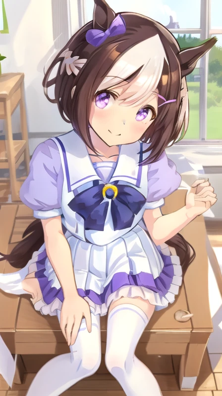 special_week_\(umamusume\), natsufuku, pleated skirt, puffy short sleeves, purple bow, white skirt, sailor collar, sailor shirt, tracen , sitting, from above, white thighhighs, looking at viewer, windows, horse tail, smile, head tilt, inside classroom, school, best quality