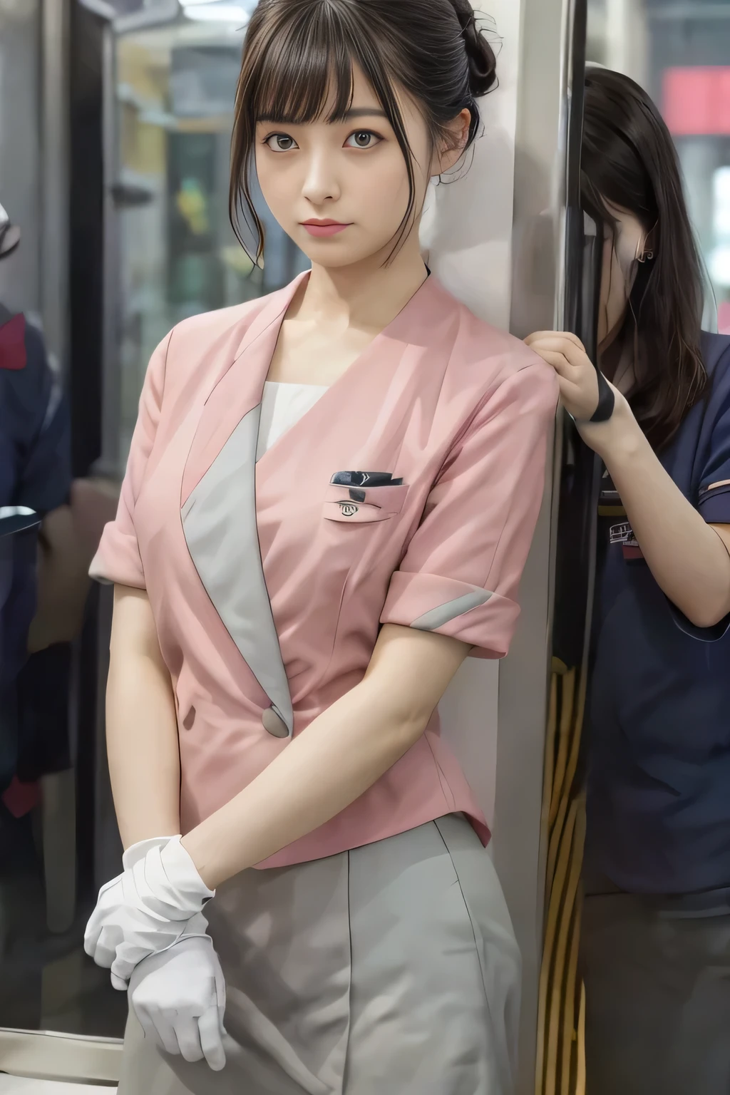 (masterpiece:1.2, highest quality:1.2), 32K HDR, High resolution, (alone、1 girl)、(On the rooftop of a building in the daytime、Professional Lighting)、Building rooftop background、(Nankai train crew uniform pinkを着たリアルスタイル)、(Nankai train crew uniform pink short sleeve pink jacket、Nankai Train Crew Uniform Pink Collarless Short Sleeve Blouse、Nankai Train crew uniform pinkのグレー色のキュロットスカート)、Dark brown hair、(Hair tied up、Hair Bun、Hair Bun)、Dark brown hair、Long Shot、Big Breasts、Thin legs、((Great hands:2.0)),((Harmonious body proportions:1.5)),((Normal limbs:2.0)),((Normal finger:2.0)),((Delicate eyes:2.0)),((Normal eyes:2.0)))、Captivating look、(Nankai Train crew uniform pinkのグレー色のキュロットスカートを見せた美しい立ち姿)、Put your hands down、I have nothing in my hands