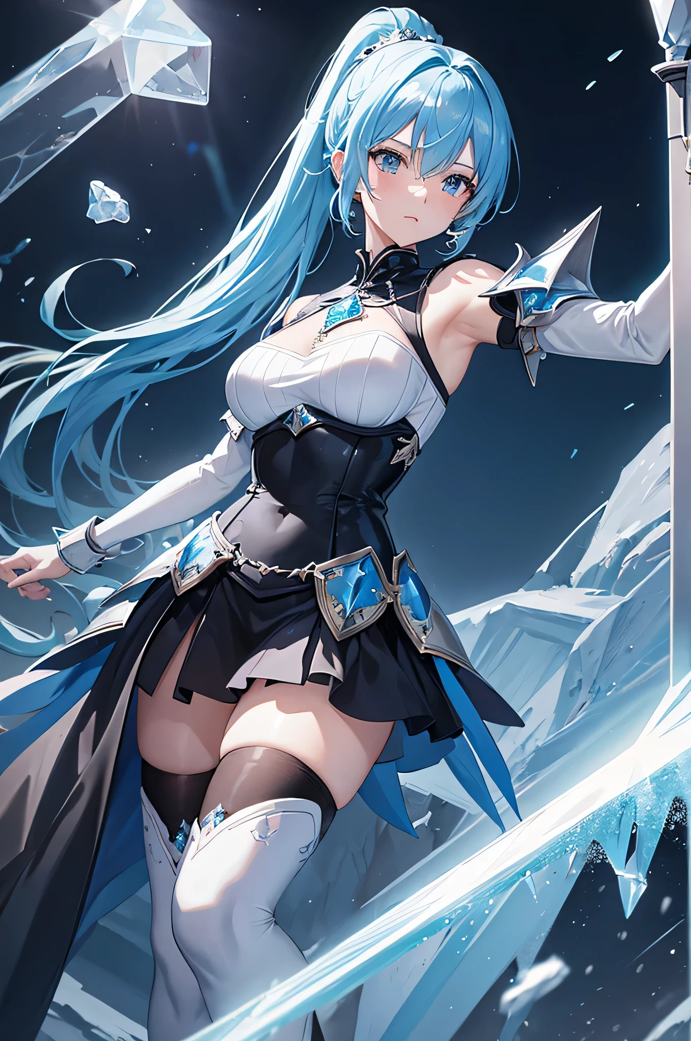 4k,High resolution,One Woman,Light blue hair,Short Ponytail,knight,Ice Crystal Armor,Ice Crystal Dress,knight&#39;s shoes,Black tights,Jewelry decoration,Long sword,Medieval castle town