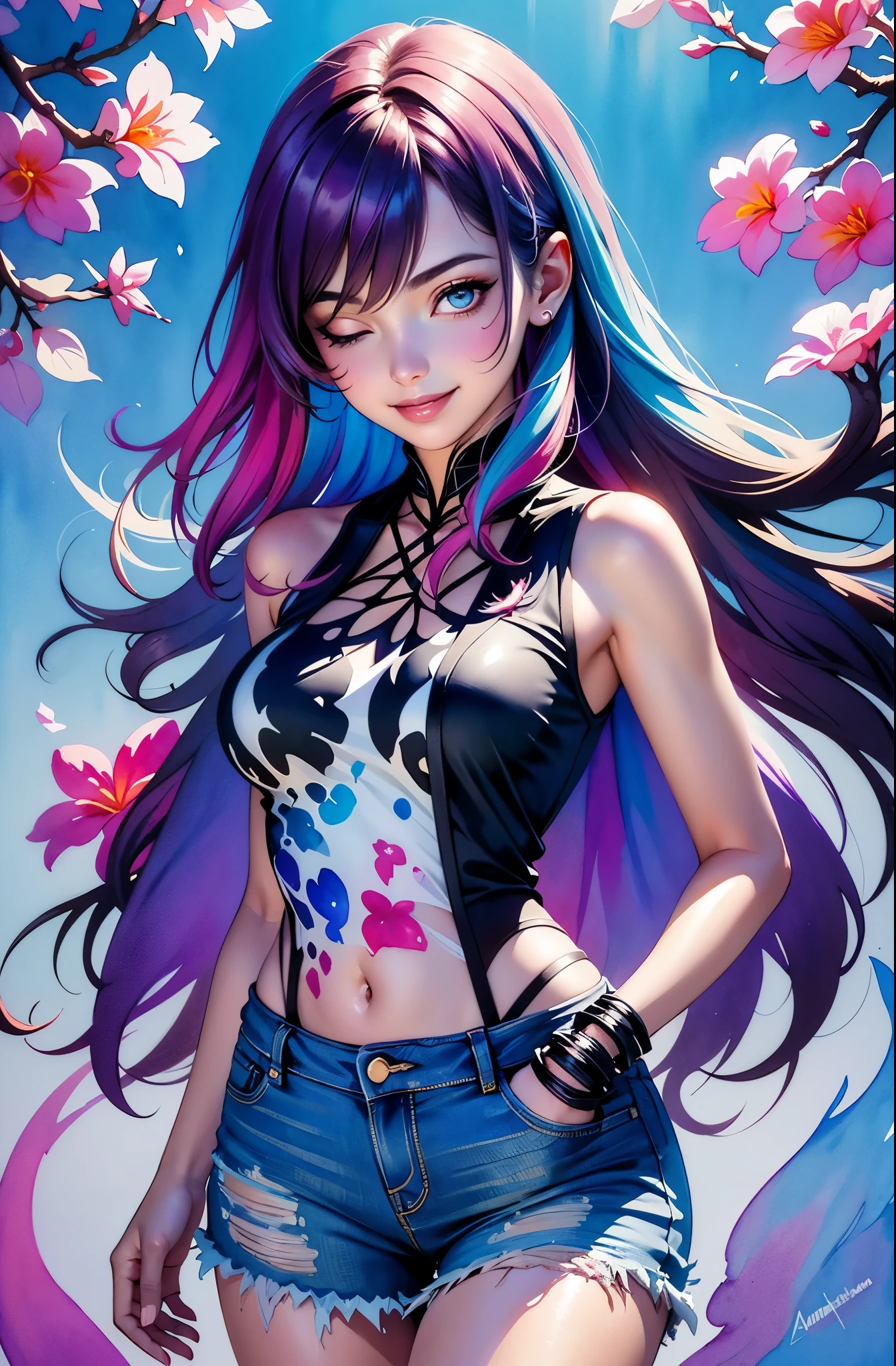 a Plumeria painting with a splatter background and spray paint effect, by Adam hughes, plumeria flower design t-shirt and jean shorts, upper body centered, multi-color hair, 1 eye closed, big happy smile, watercolor art, watercolor painting, watercolor painting style, watercolor detailed art, watercolor digital painting, watercolor paint, masterfully detailed watercolor, watercolor art