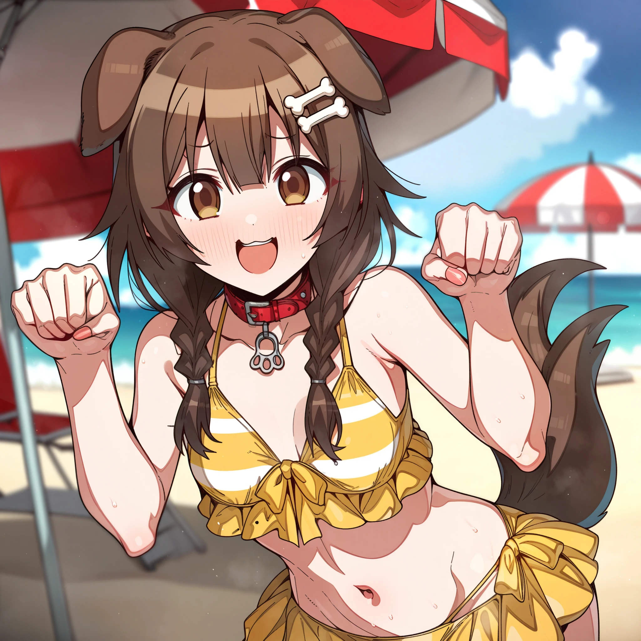 idolmaster, idolmaster_shiny_color, inugami_korone, Artist, horosuke, erere, Copyrights, princess_connect!, genshin_impact, Character, General, 1girl, brown_hair, blunt_bangs, blush, medium_breasts, breasts, smile, brown_eyes, censored, striped bikini, yellow_bikini, frilled_bikini, navel, dog_tail, animal_collar, twin_braids, dog_ears, bone_hair_ornament, raised_eyebrows, paw_pose, :d, teeth, raised_eyebrows, (standing in middle, beach_umbrella), sky, clouds, detailed, sand, outdoors, from_side, looking_at_viewer, masterpiece, best_quality, great_quality, girl, solo, center_composition, centered character, cute