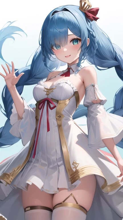 masterpiece, best quality, highres, 1girl, solo, very long hair, blue hair, twin braids, hair ribbon, white hairband, white ribbon, mini crown, blue eyes, bare shoulders, frilled dress, white dress, detached sleeves, white thighhighs, waving, smile