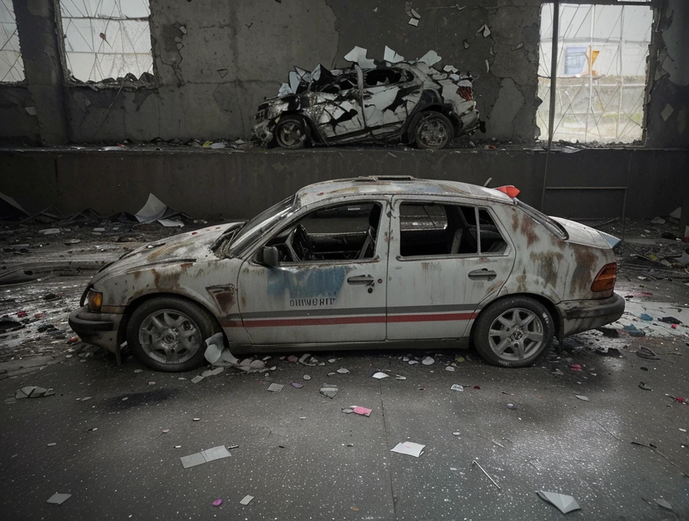 Na imagem, we see a completely destroyed car, suas linhas antes elegantes agora retorcidas e desfiguradas. The body is crushed and dented, as if she had been subjected to a devastating force. The windows are shattered into thousands of shining fragments, scattered on the ground around the vehicle. The tires are deflated and torn, pendendo precariamente dos aros contorcidos. Metal and plastic debris is scattered around the site, highlighting the violence of the impact. The windshield is shattered, revealing the bleak view inside the car, onde os airbags inflados permanecem como testemunhas mudas do caos que se desenrolou ali. The surrounding scenery is illuminated by the flashing lights of emergency vehicles., further highlighting the tragedy that just occurred. Heavy silence hangs over the scene, interrupted only by the distant sound of sirens and the muffled murmur of people around, all trying to understand how something so terrible could have happened.