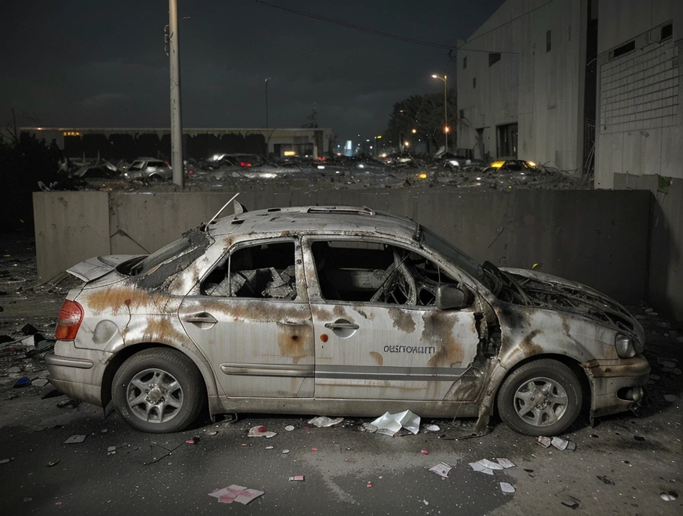 Na imagem, we see a completely destroyed car, suas linhas antes elegantes agora retorcidas e desfiguradas. The body is crushed and dented, as if she had been subjected to a devastating force. The windows are shattered into thousands of shining fragments, scattered on the ground around the vehicle. The tires are deflated and torn, pendendo precariamente dos aros contorcidos. Metal and plastic debris is scattered around the site, highlighting the violence of the impact. The windshield is shattered, revealing the bleak view inside the car, onde os airbags inflados permanecem como testemunhas mudas do caos que se desenrolou ali. The surrounding scenery is illuminated by the flashing lights of emergency vehicles., further highlighting the tragedy that just occurred. Heavy silence hangs over the scene, interrupted only by the distant sound of sirens and the muffled murmur of people around, all trying to understand how something so terrible could have happened.