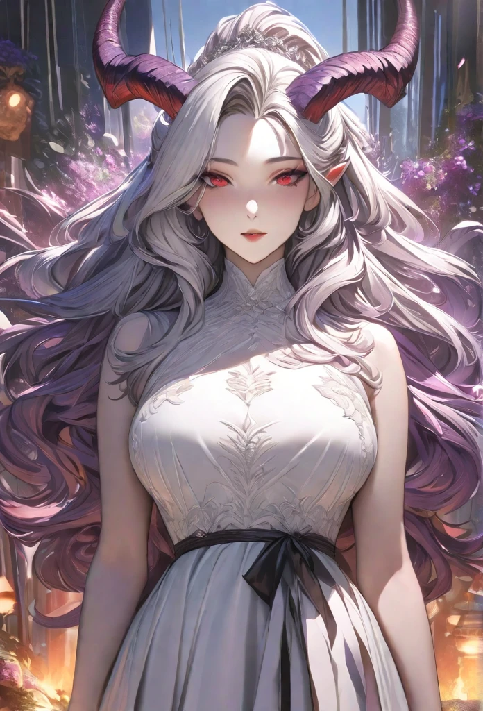 (Best quality, 4k, 8k, highres, masterpiece: 1.2), ultra-detailed, realistic, physical rendering, professional, bright colors, bokeh, portrait, landscape, studio lighting, HDR, UHD, sharp focus, very detailed, ultra detailed, one, (1 woman), she is in a black detailed dress with a purple flower on the dress and in an elegant position, super mature, tall, milf style, mature mother, super long hair, bright white hair, super white hair and tied hair, white demonic horns, beautiful, charming, bright blood-red eyes of reptile eyes, reptile eyes, super red eyes, bright eyes, elegant, big breasts (huge), neutral face, cold-blooded face, charming, bright background, valiant atmosphere, against the background of flame and fire.