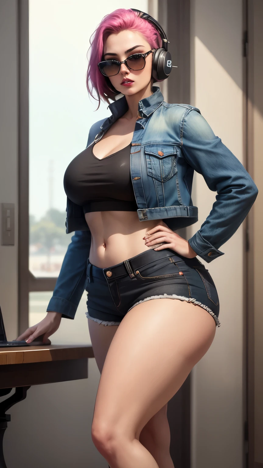 (Realista, high resolution:1.3), 1 com um corpo perfeito, rosto e olhos super finos,cabelo rosa longo, Cores da tampa do tanque vermelho,shorts de golfinho,peito gigante grande enorme,Expor clivagem, peito esbugalhado, peito leitoso, coxas grossas definidas, wide hips open denim jacket black cap wearing sunglasses a brothel and a gaming headset