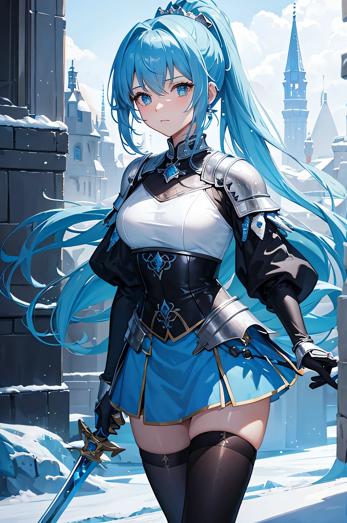 4k,High resolution,One Woman,Light blue hair,Short Ponytail,knight,Ice Crystal Armor,Ice Crystal Dress,knight's shoes,Black tights,Jewelry decoration,Long sword,Medieval castle town